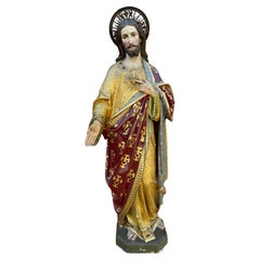 Schöne Herz-Jesu-Statue aus polychromem Clay and Wood aus dem 19. Jahrhundert