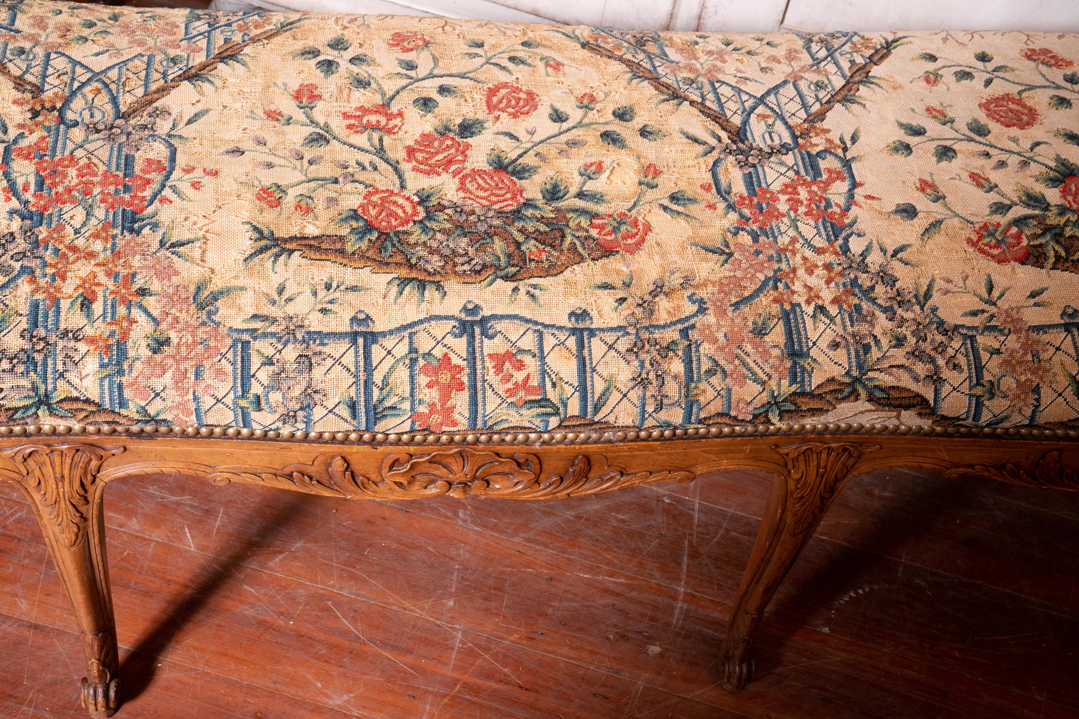 George III Beautiful 19th Century Walnut Bench with Original Needlepoint Cushion