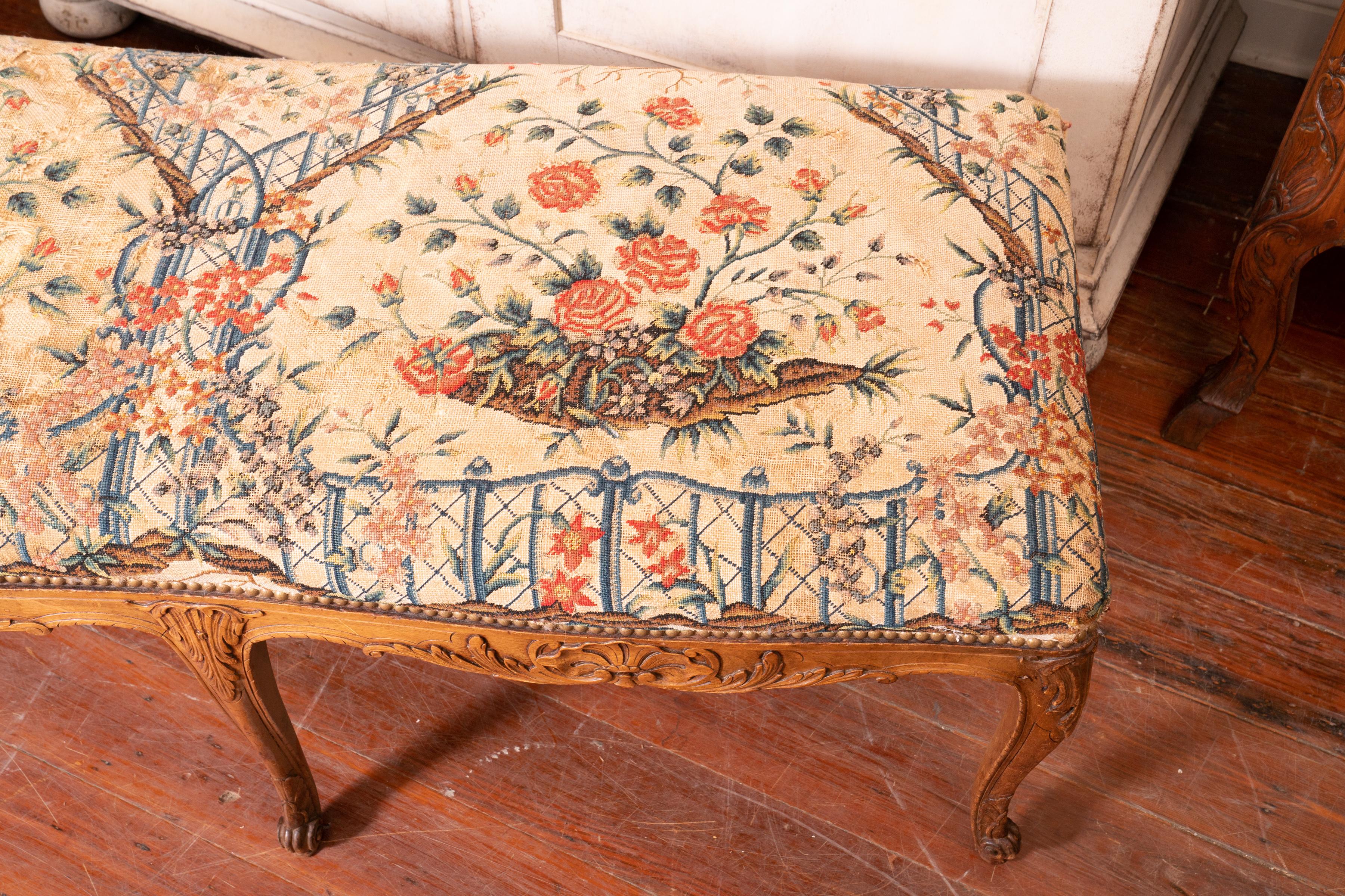 English Beautiful 19th Century Walnut Bench with Original Needlepoint Cushion