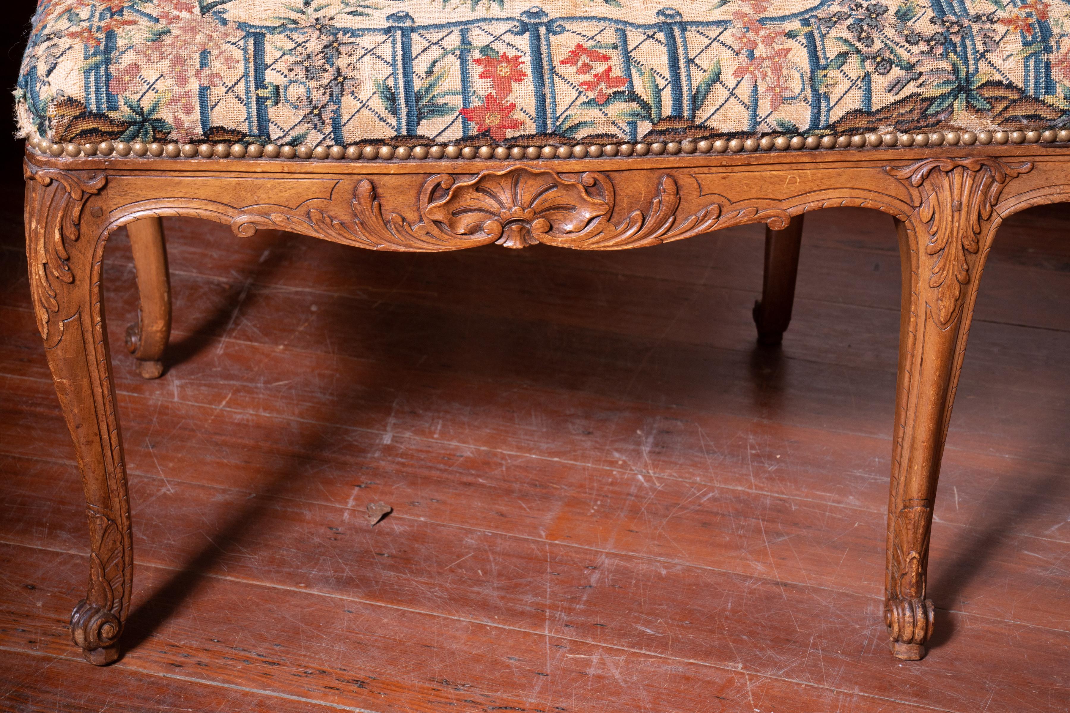 Carved Beautiful 19th Century Walnut Bench with Original Needlepoint Cushion