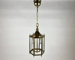 Beautiful 2 Light Lantern, 1980s Vintage Glass and Brass Entry Hall Pendant