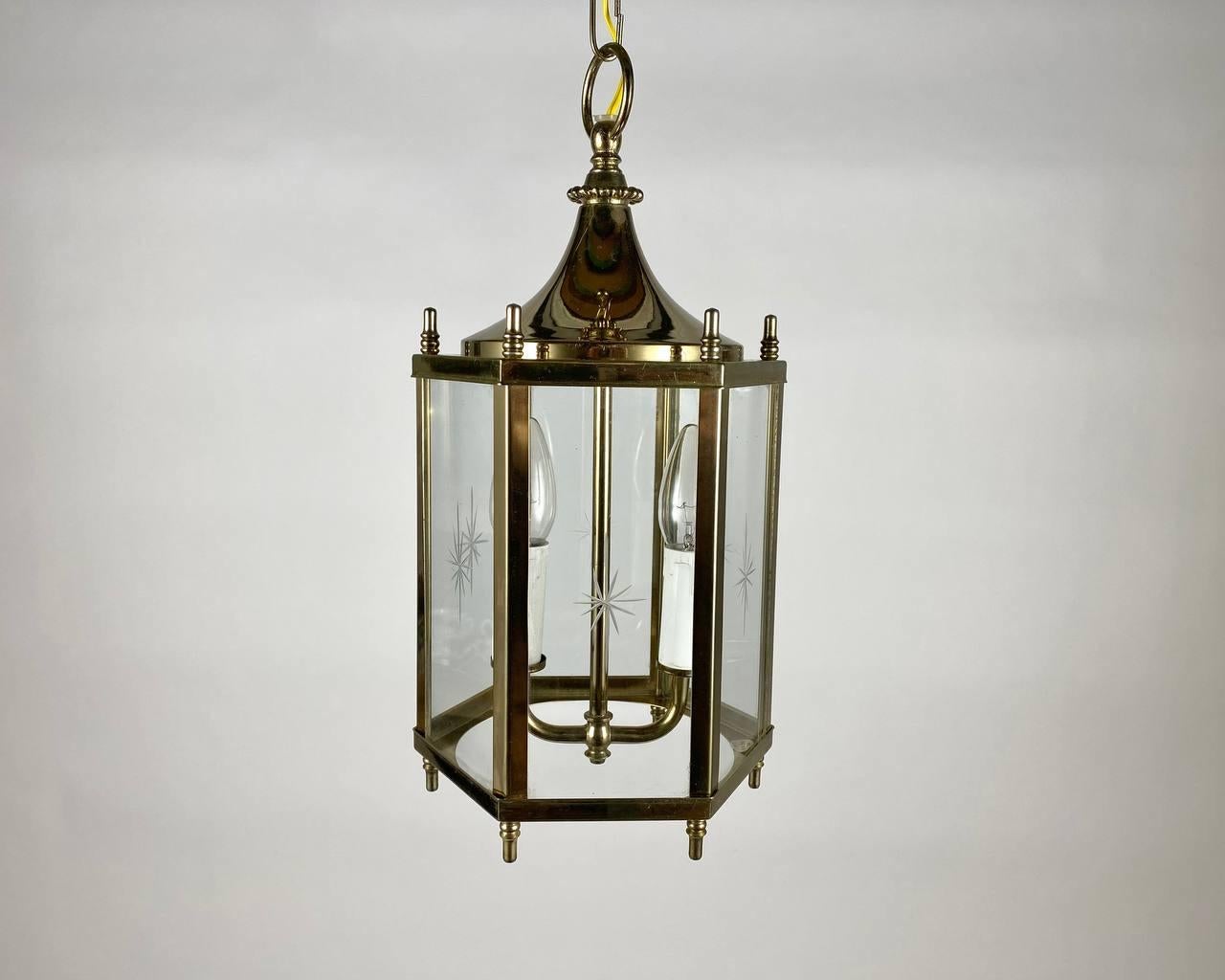 Art Nouveau Beautiful 2 Light Lantern, 1980s Vintage Glass and Brass Entry Hall Pendant For Sale