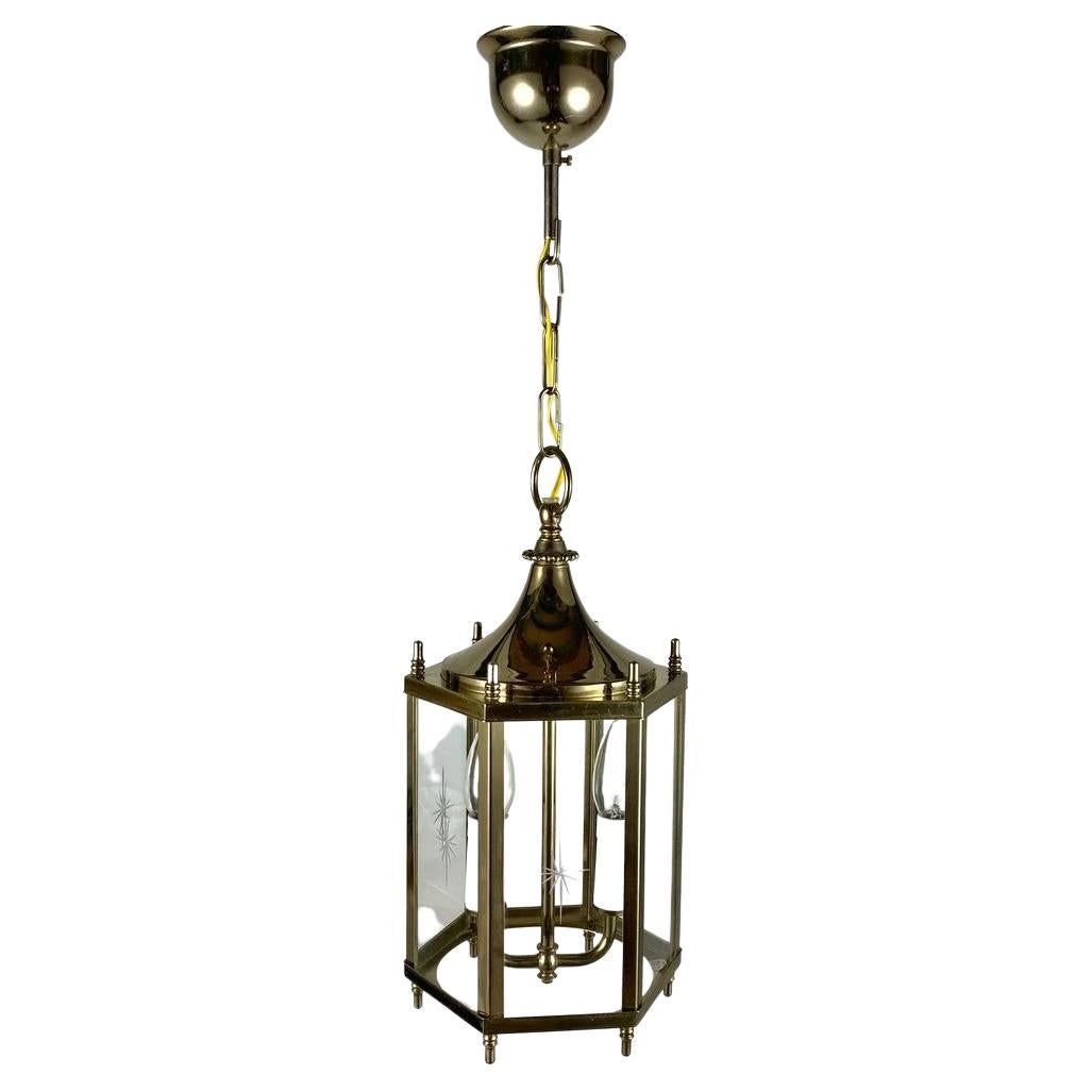Beautiful 2 Light Lantern, 1980s Vintage Glass and Brass Entry Hall Pendant For Sale