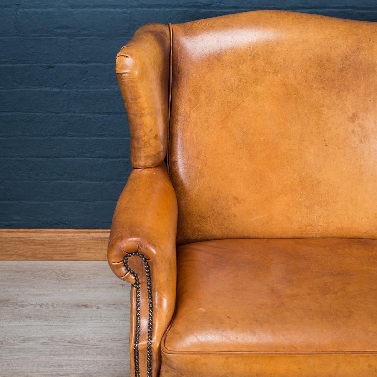 Beautiful 20th Century Dutch High Back Honey Colour Leather Sofa, circa 1990 In Good Condition In Royal Tunbridge Wells, Kent