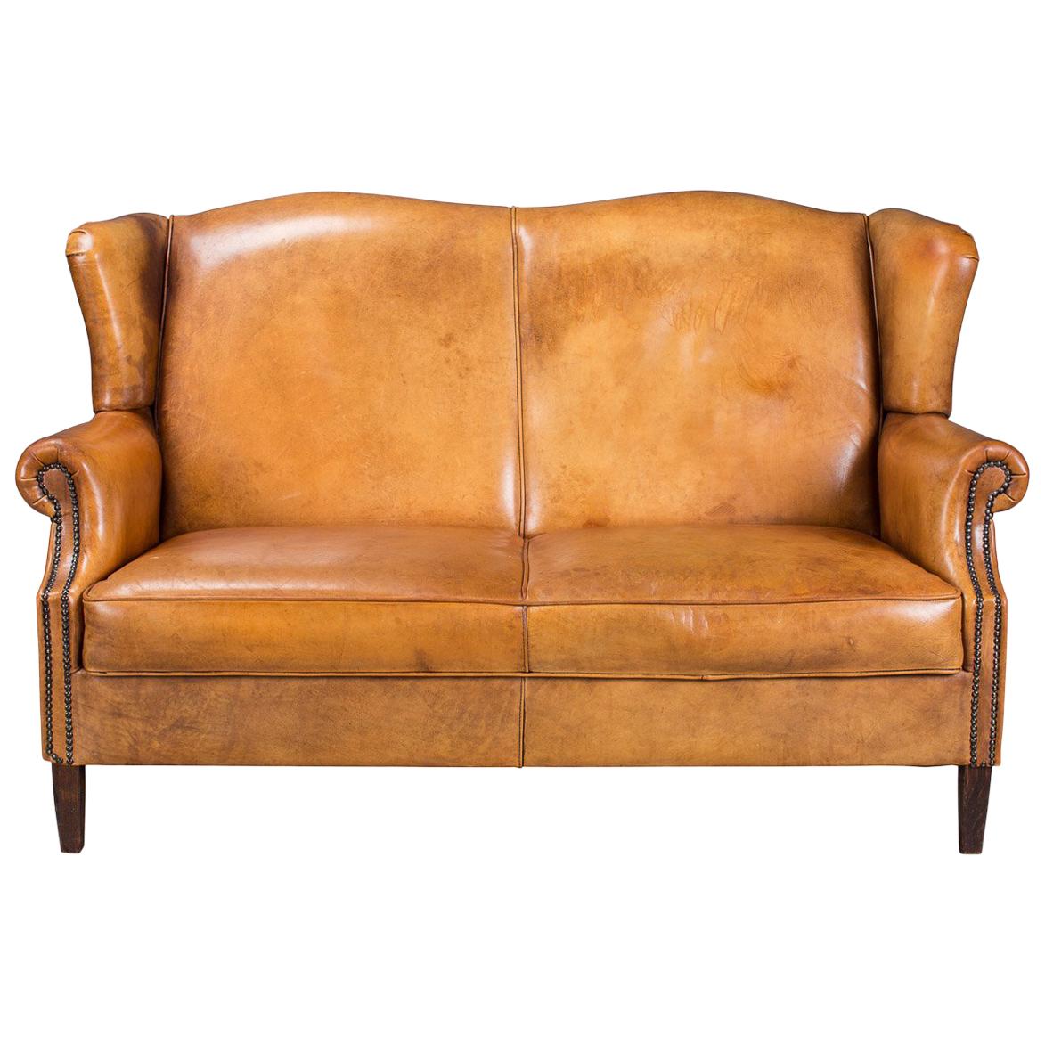 Beautiful 20th Century Dutch High Back Honey Colour Leather Sofa, circa 1990