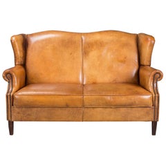 Vintage Beautiful 20th Century Dutch High Back Honey Colour Leather Sofa, circa 1990