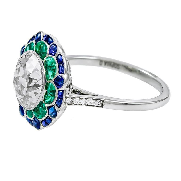 Round Cut Sophia D. 2.16 Carat Center Diamond, Emerald and Sapphire Art Deco Style Ring For Sale