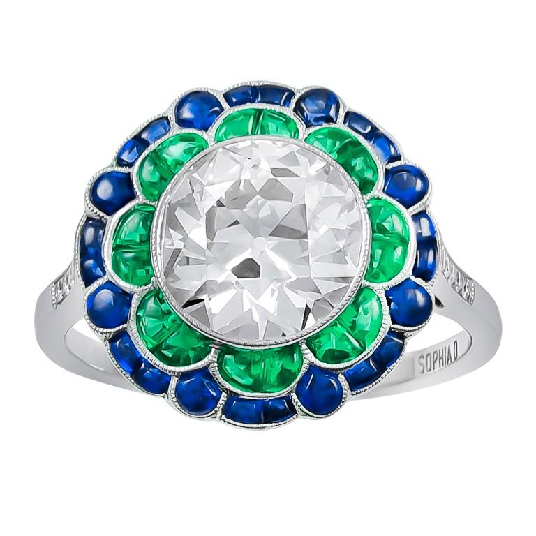 Sophia D. 2.16 Carat Center Diamond, Emerald and Sapphire Art Deco Style Ring In New Condition For Sale In New York, NY