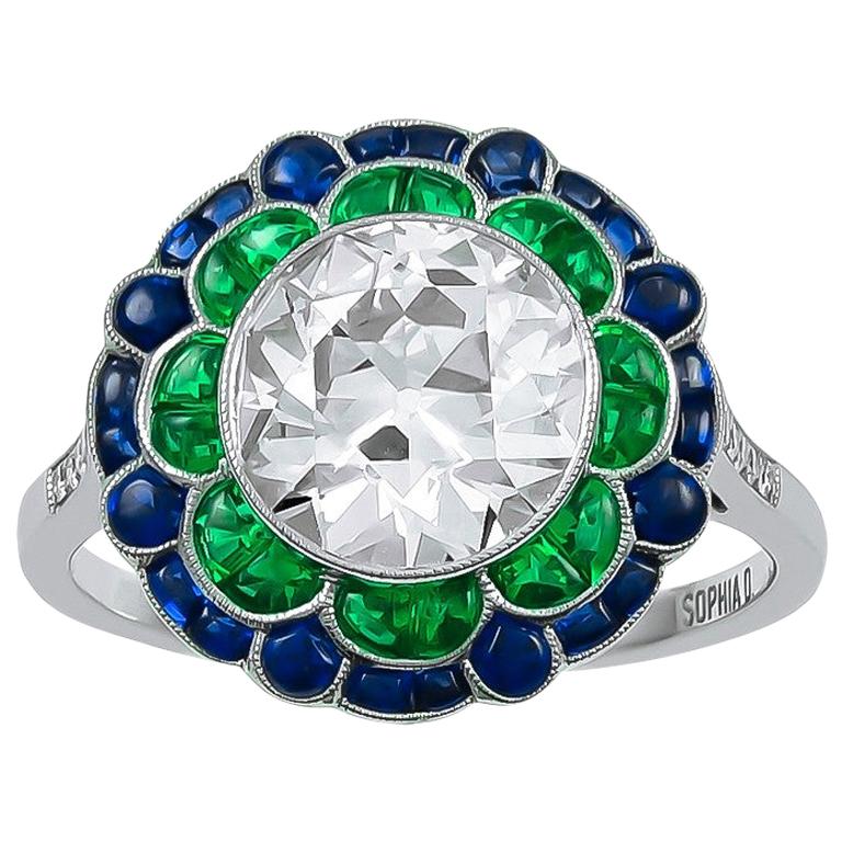 Sophia D. 2.16 Carat Center Diamond, Emerald and Sapphire Art Deco Style Ring For Sale