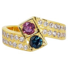 22k Yellow Gold Ring w/ 1.2 ct Sapphire, Ruby and Natural Diamonds AIG Cert