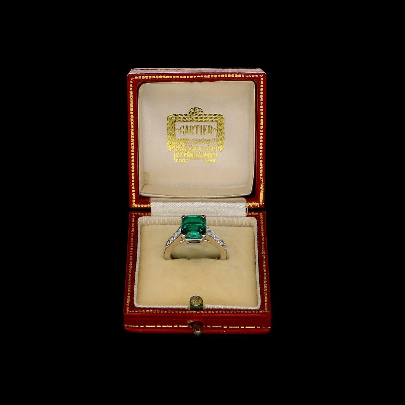 Emerald Cut Beautiful 2.59ct Colombian Emerald & Diamond Platinum Solitaire Ring by Cartier
