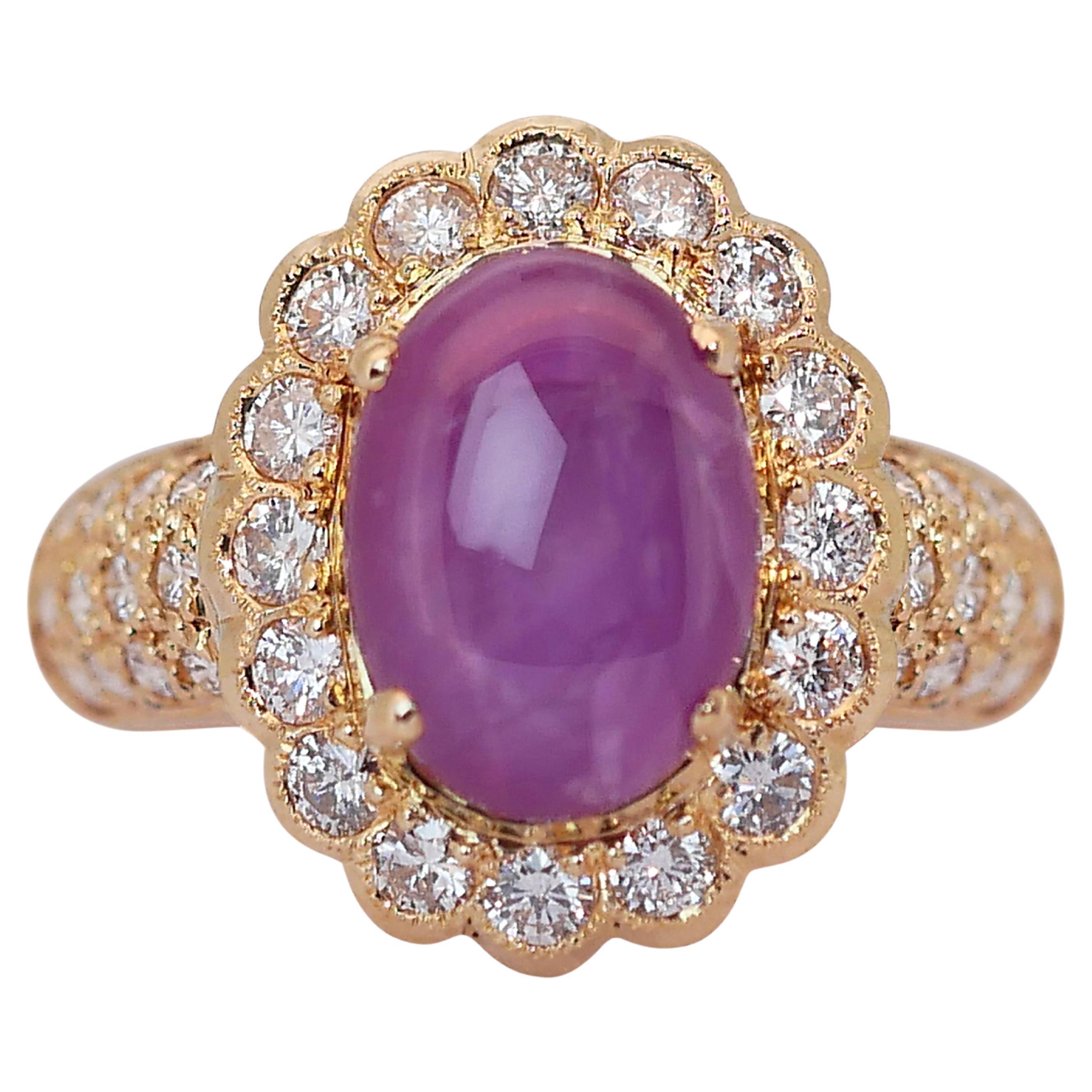 Precioso Anillo de Cóctel de Rubí Estrella y Diamantes de 2,92 ct en Oro Amarillo de 18k - IGI en venta