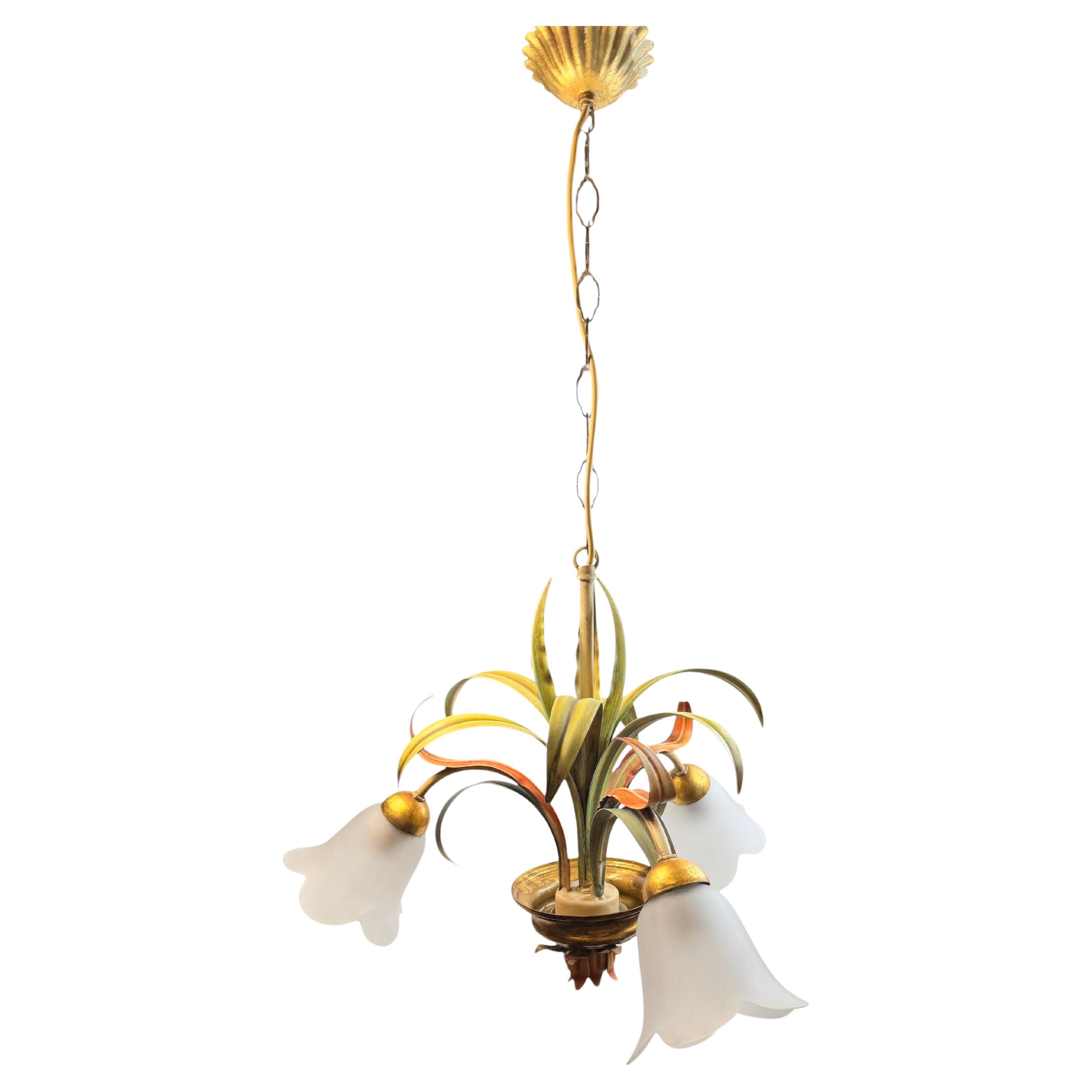 Beautiful 3 Light Italian Tole Florentine Florence Chandelier, vintage 1970s