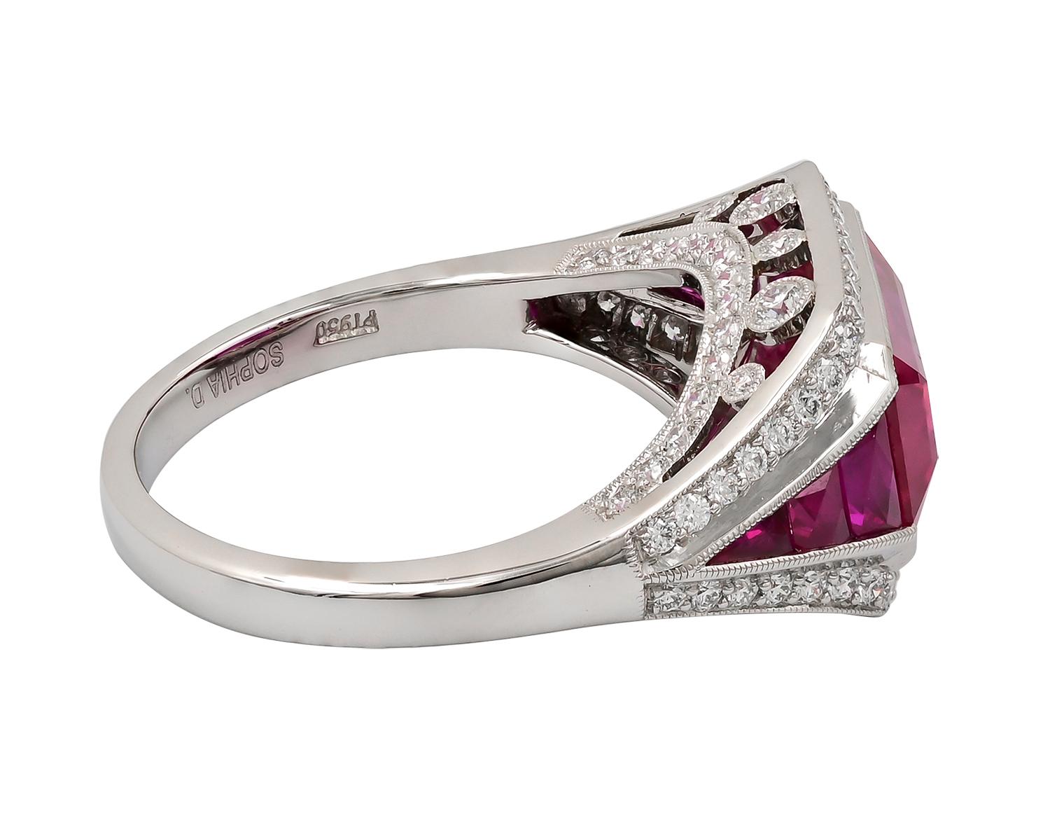 Baguette Cut Sophia D. 3.52 Carat Ruby and Diamond Art Deco Platinum Ring For Sale