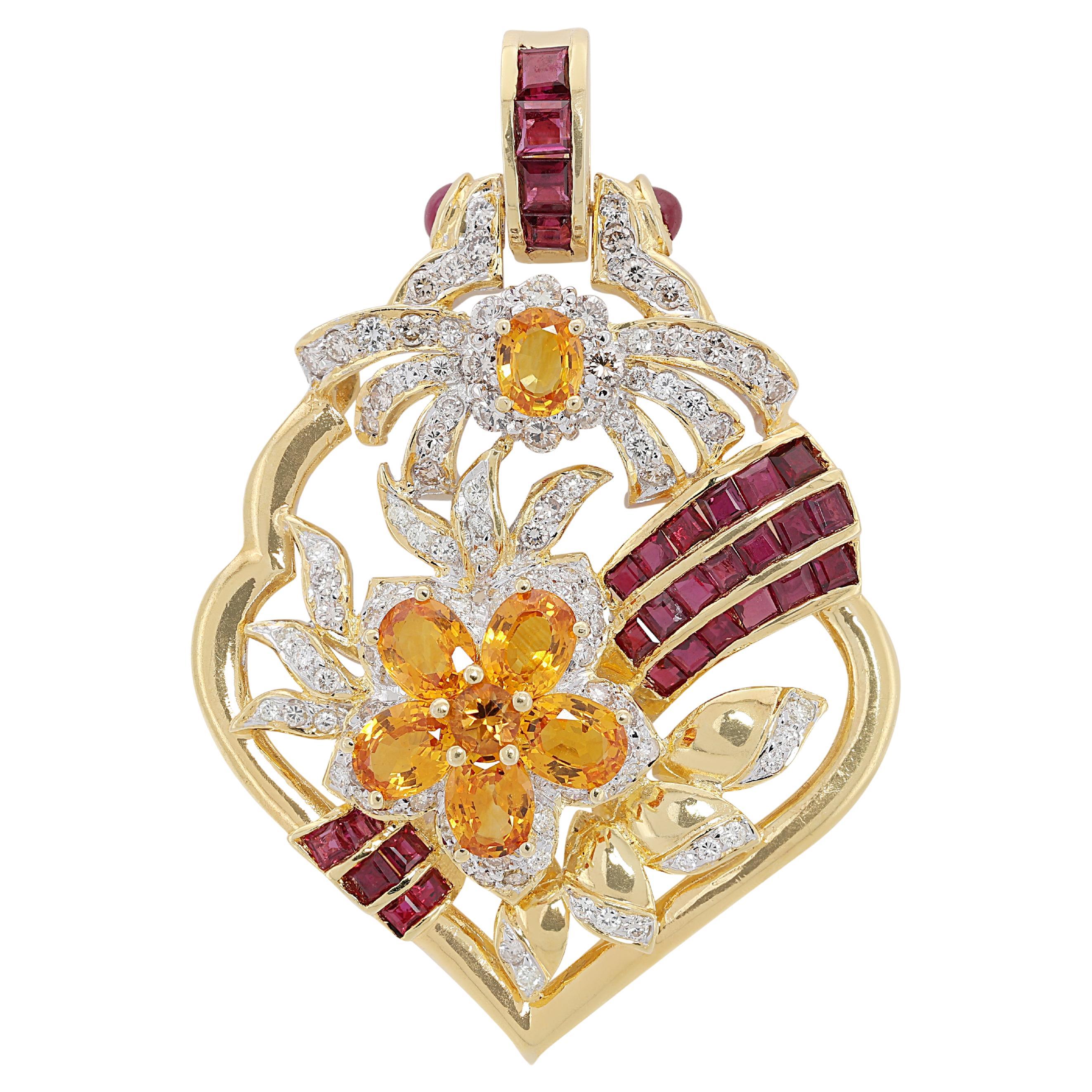 Beautiful 3.58ct Diamonds Pendant w/ Gems in 18K Yellow Gold- Chain not Included