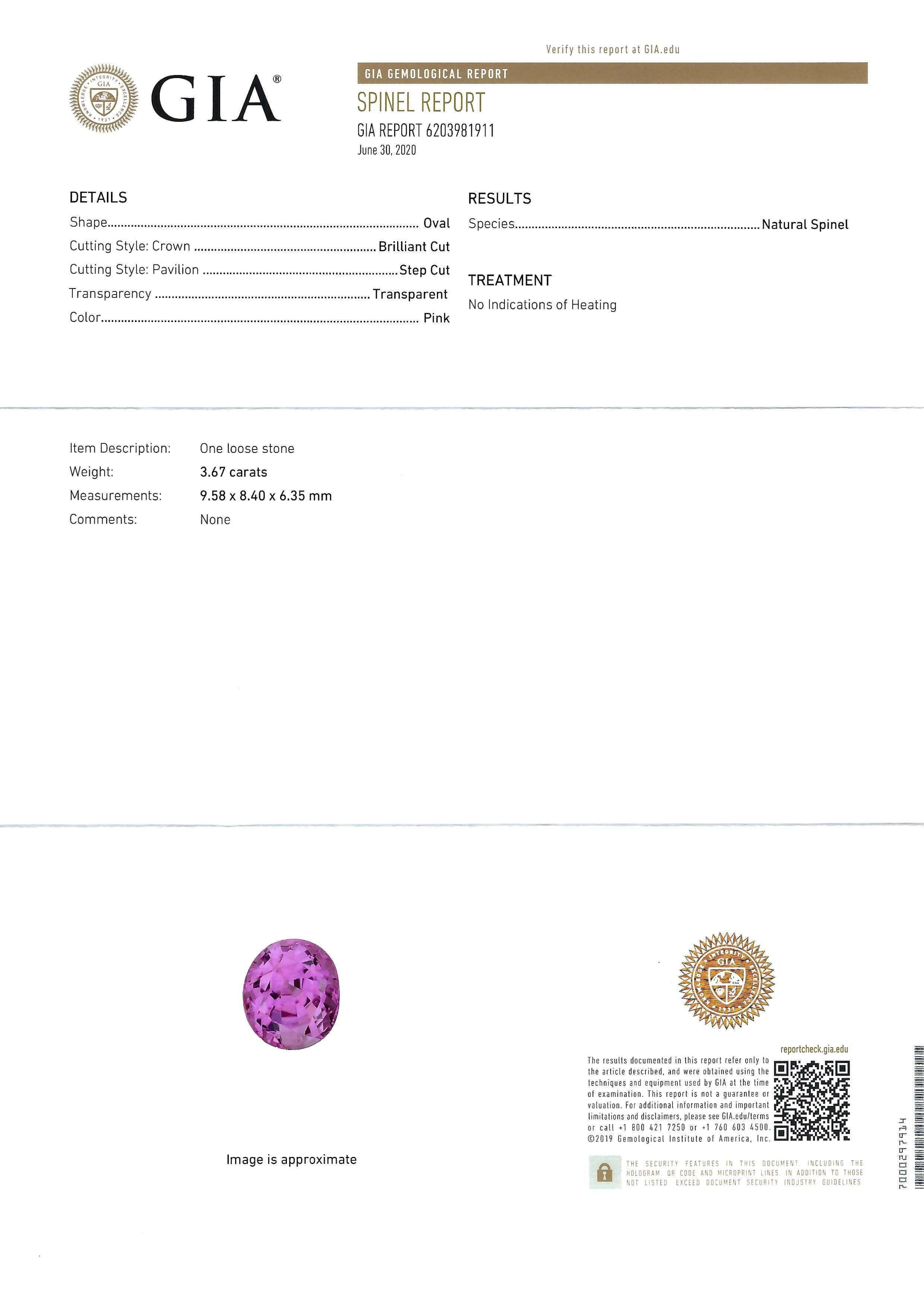 Taille ronde Bague en or jaune 14 carats avec spinelle rose vif naturelle non traitée, certifiée GIA, de 3,67 carats  en vente