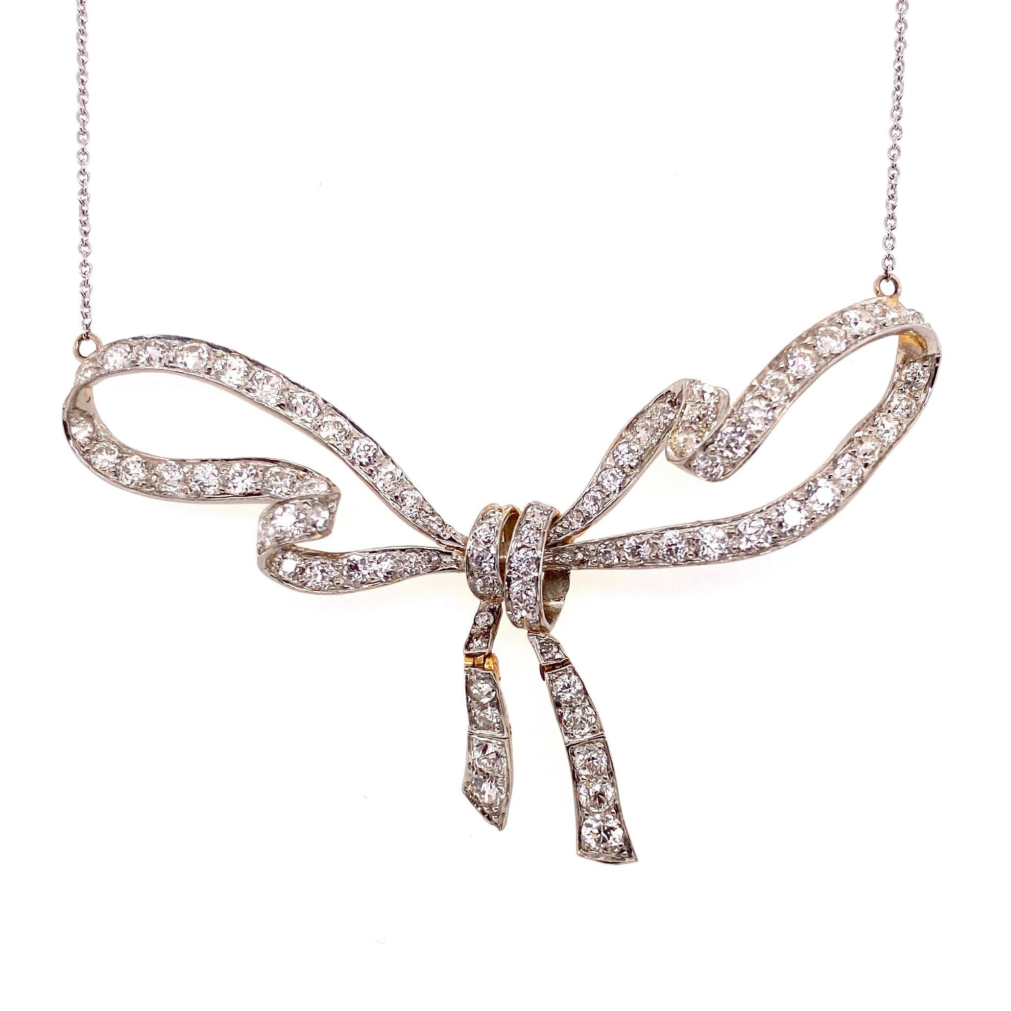 Diamond Bow Platinum Edwardian Necklace Estate Fine Jewelry In Excellent Condition In Montreal, QC