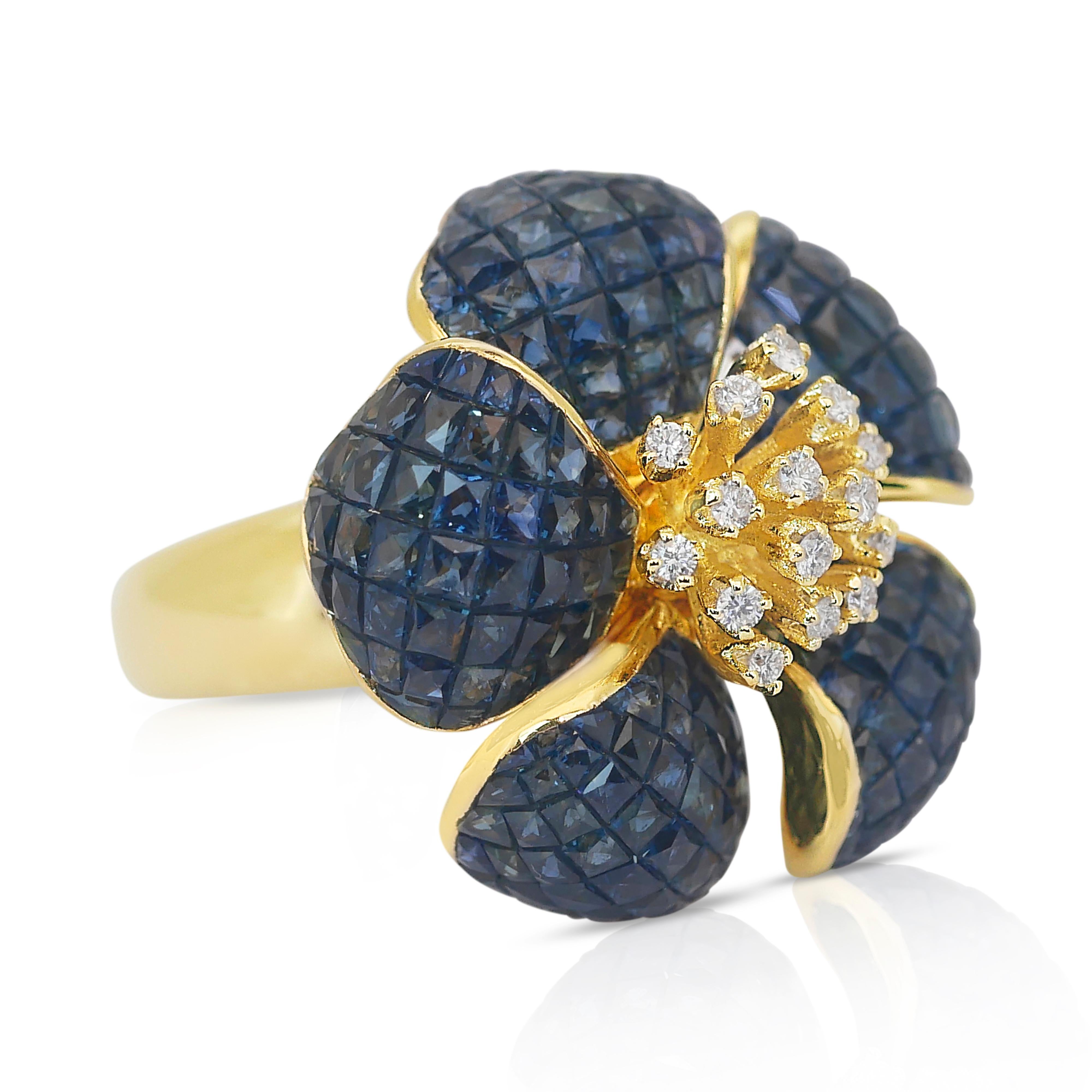 Taille ronde Magnifique bague cocktail en or jaune 14 carats, saphirs et diamants de 4,20 carats en vente