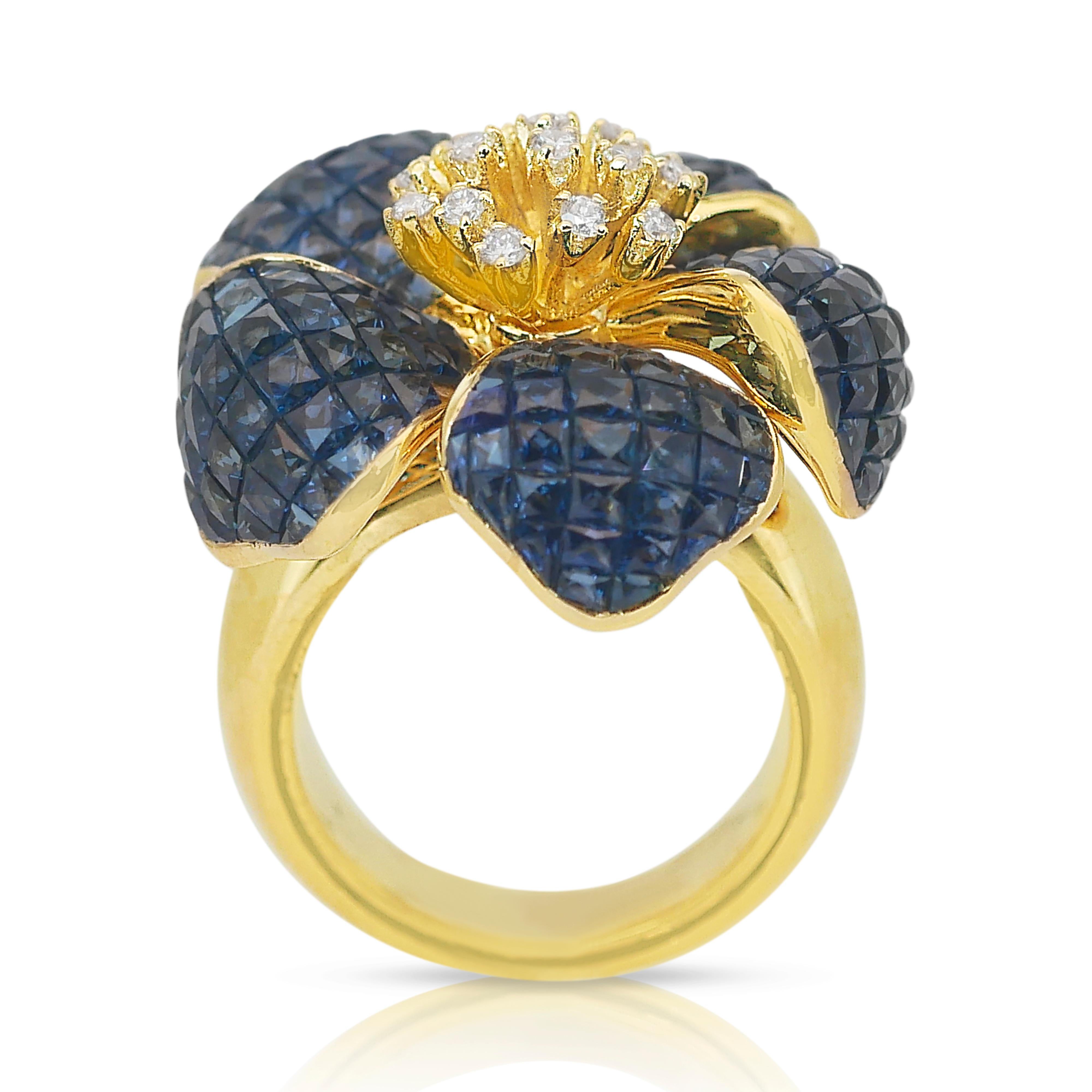 Magnifique bague cocktail en or jaune 14 carats, saphirs et diamants de 4,20 carats en vente 3