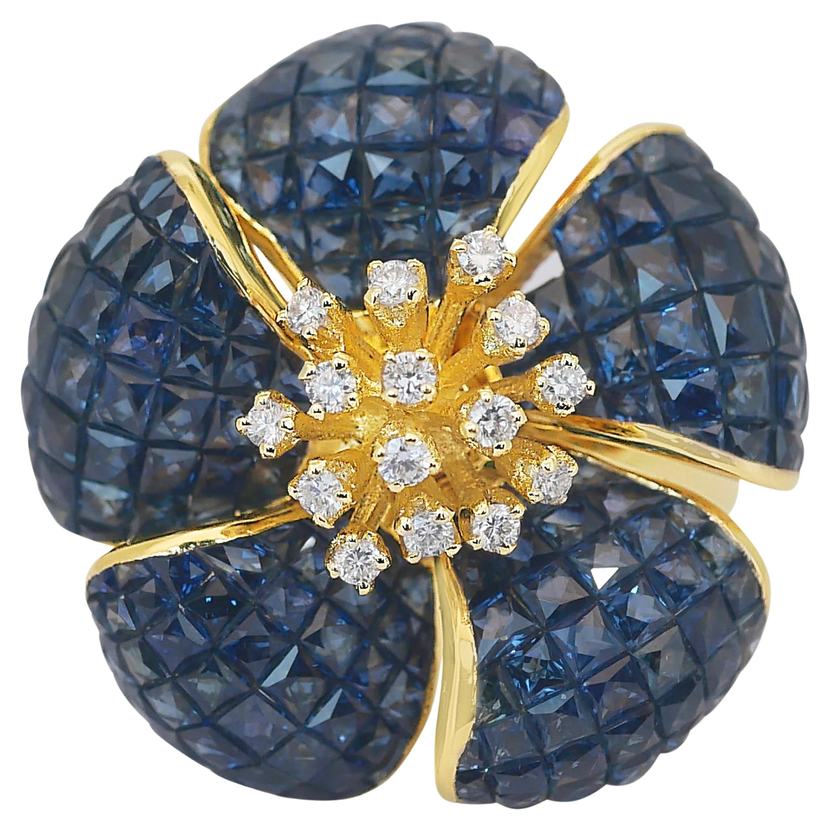 Magnifique bague cocktail en or jaune 14 carats, saphirs et diamants de 4,20 carats
