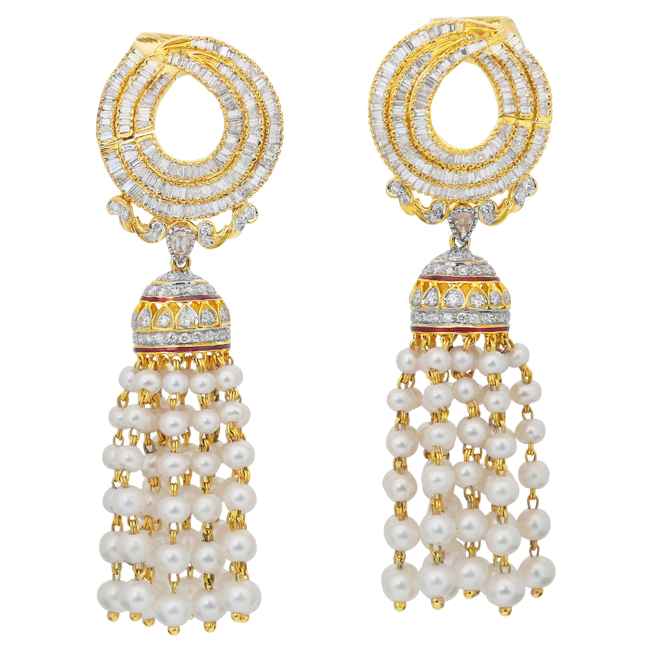 Beautiful 4.80ct All Cultured Pearls and Natural Diamonds Drop Earrings For Sale