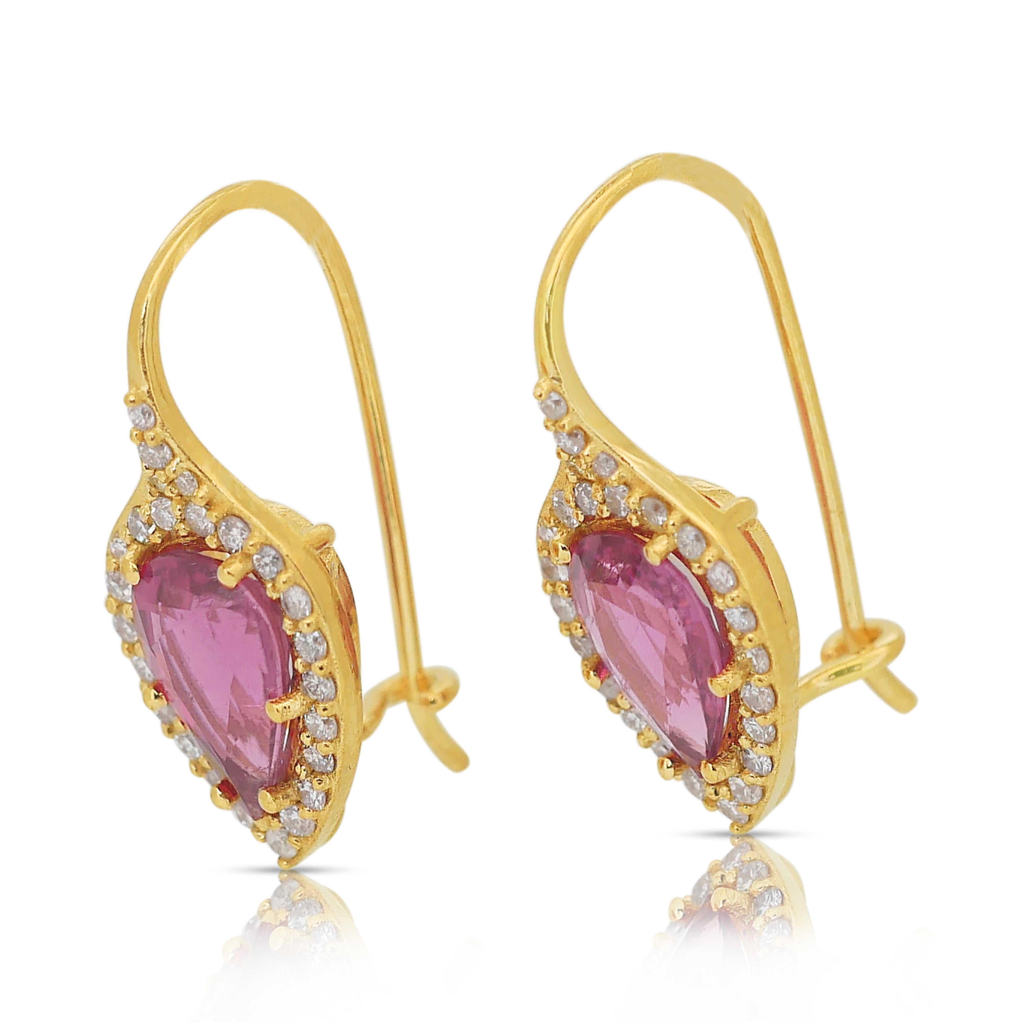 Pear Cut Beautiful 4.84ct Rubellites and Diamonds Earrings in 18k Yellow Gold