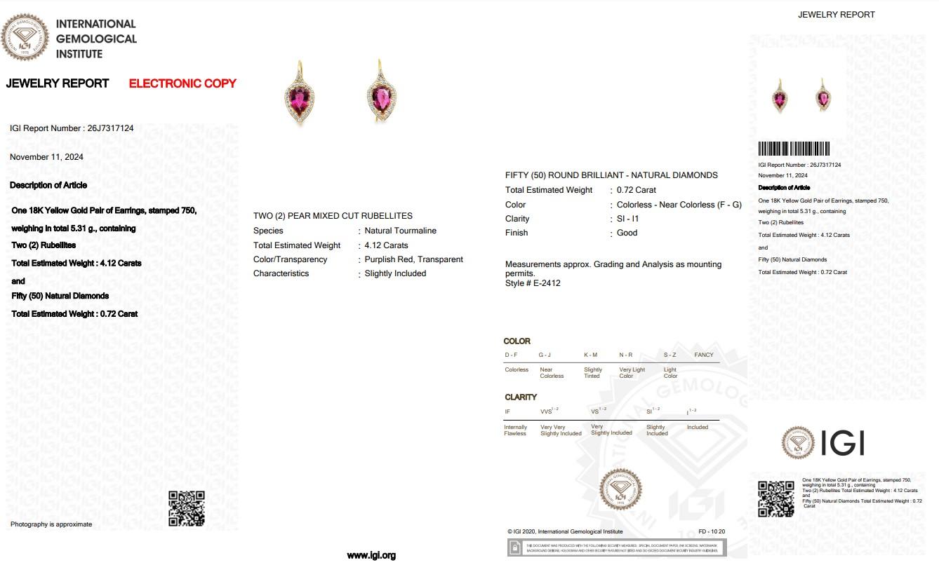 Women's Beautiful 4.84ct Rubellites and Diamonds Earrings in 18k Yellow Gold