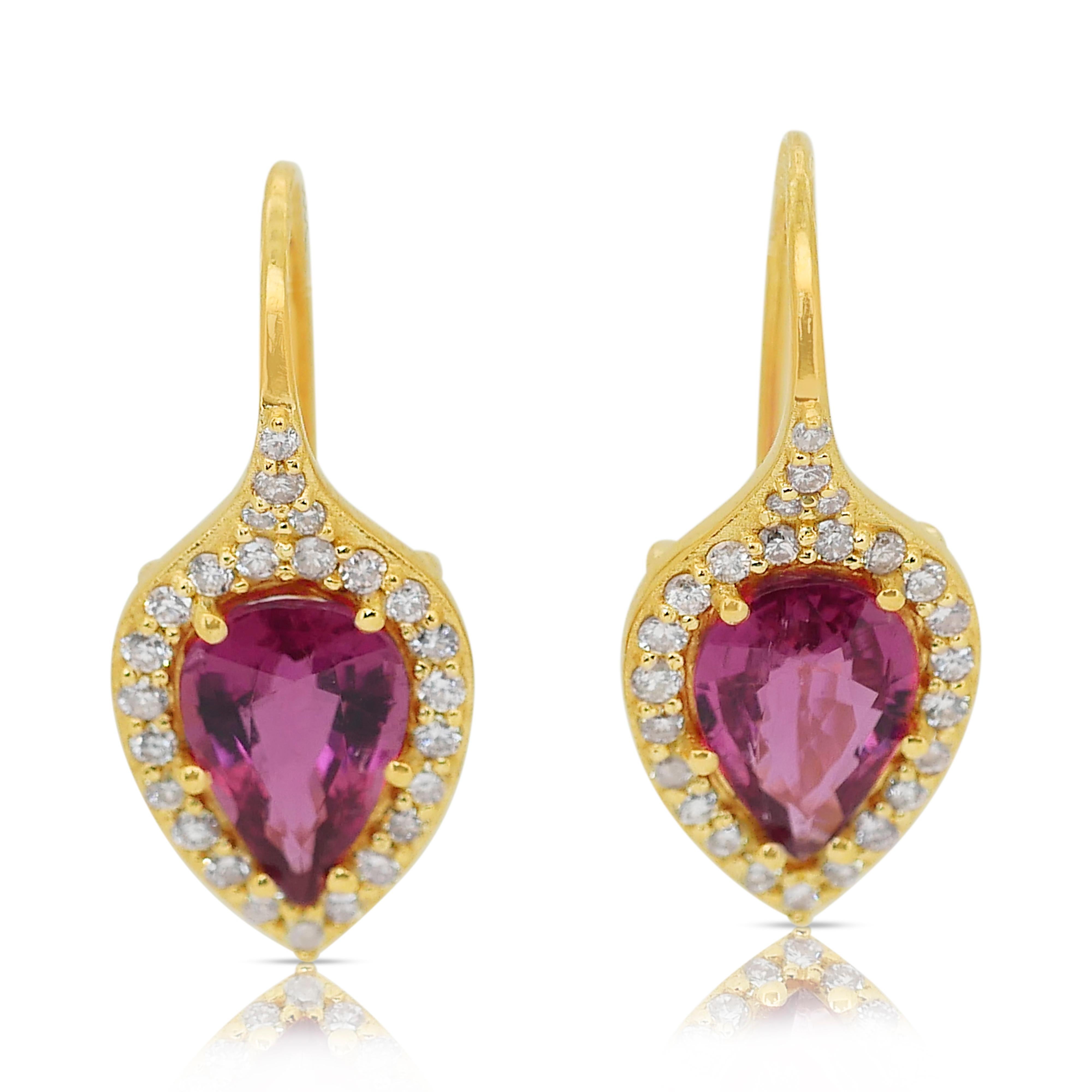 Beautiful 4.84ct Rubellites and Diamonds Earrings in 18k Yellow Gold 3