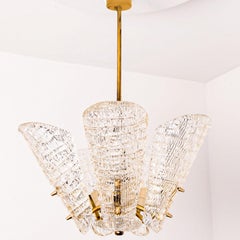 Beautiful 5 Leafs of Ice Glass and Brass Chandelier by Kalmar, 1960