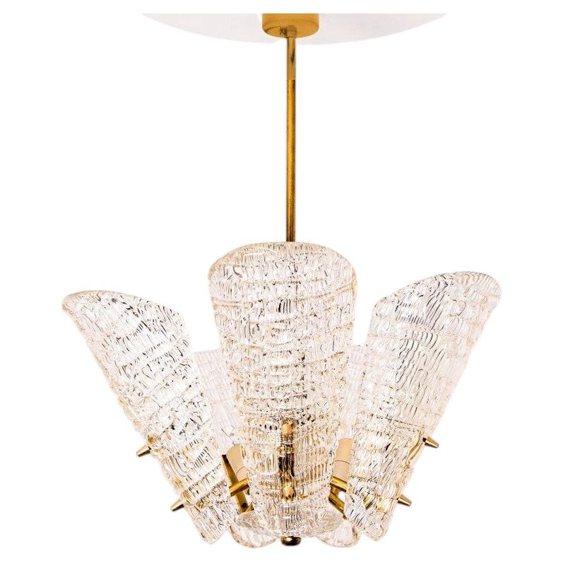 Beautiful 5 Leafs of Ice Glass and Brass Chandelier by Kalmar, 1960