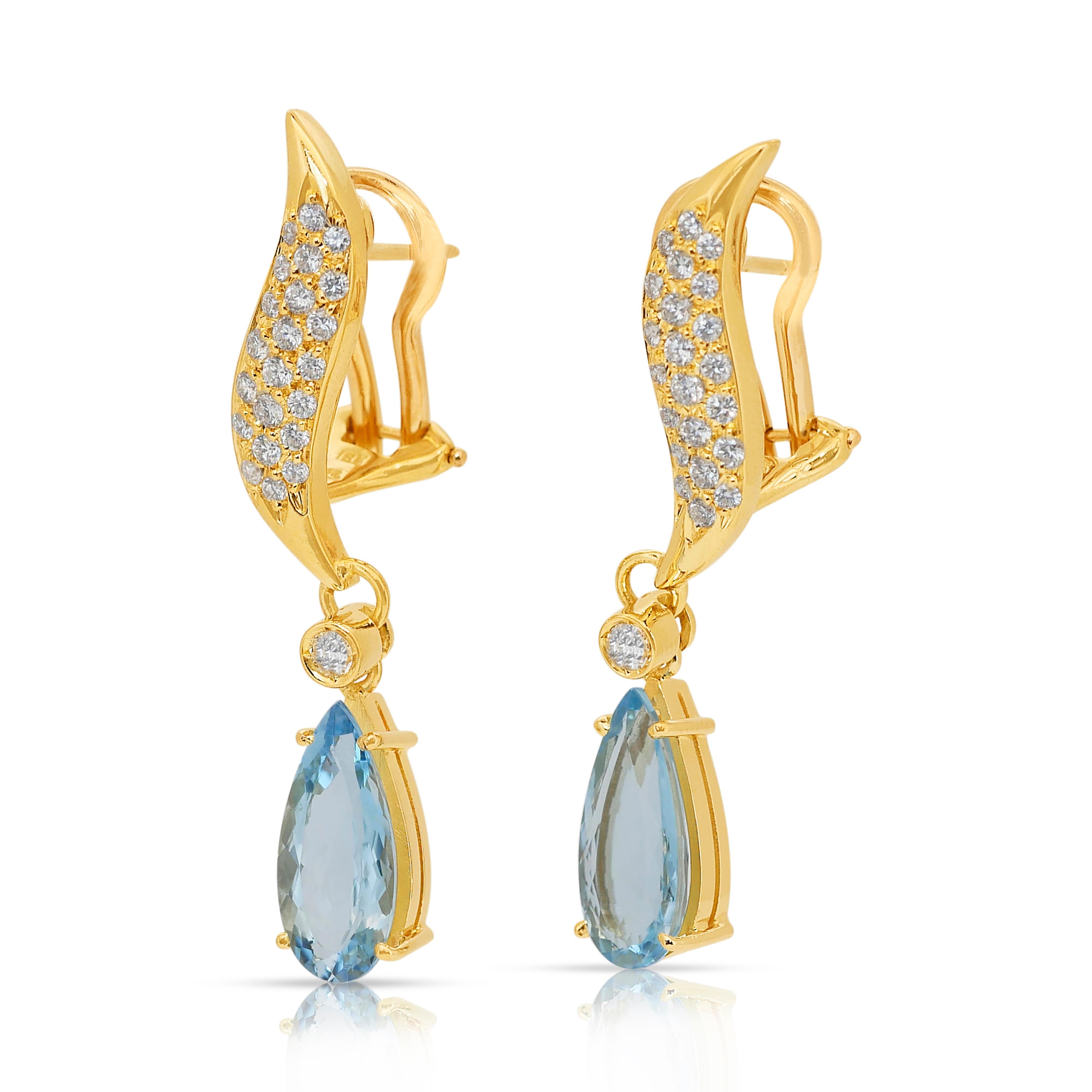 Magnifiques boucles d'oreilles en or jaune 18 carats, aigues-marines et diamants 5,32 carats Neuf - En vente à רמת גן, IL