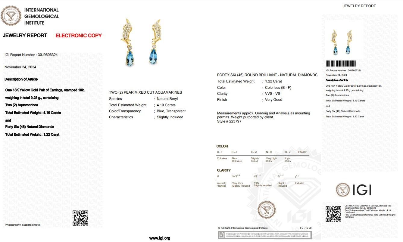 Magnifiques boucles d'oreilles en or jaune 18 carats, aigues-marines et diamants 5,32 carats en vente 1