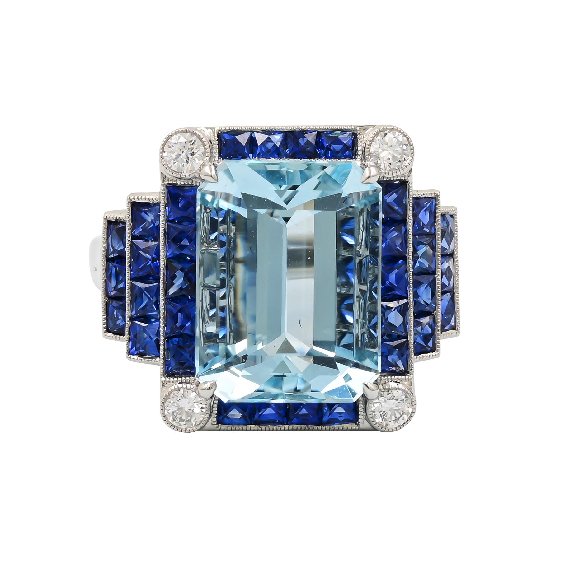 Sophia D Art Deco platinum ring with 5.46 carats aquamarine center stone accented with 1.40 carat blue sapphires and 0.29 carats diamonds. The ring is a size 6 and resizing is available. 

Sophia D by Joseph Dardashti LTD has been known worldwide
