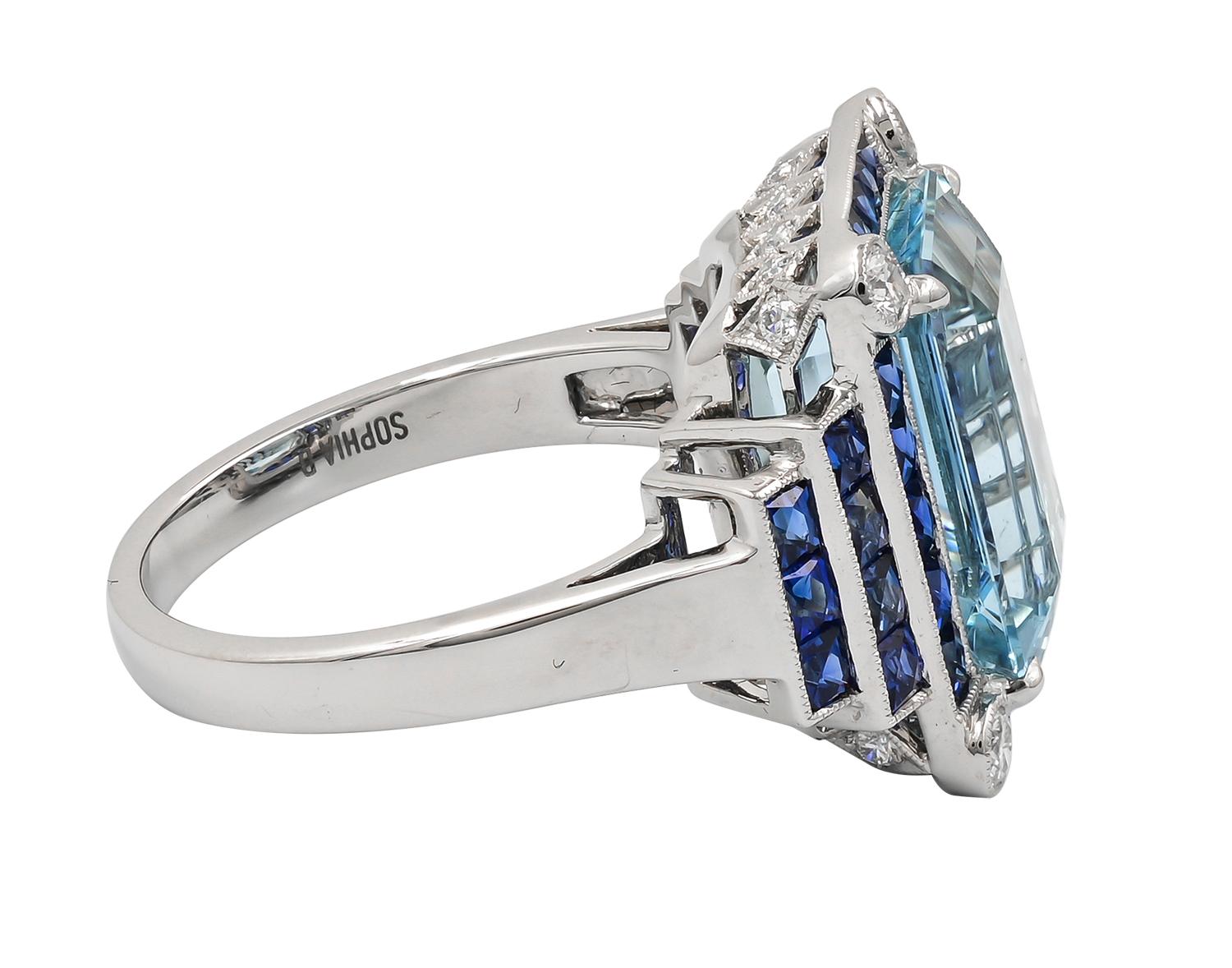 Emerald Cut Sophia D. 5.46 Carat Aquamarine with Blue Sapphires and Diamonds Art Deco Ring For Sale