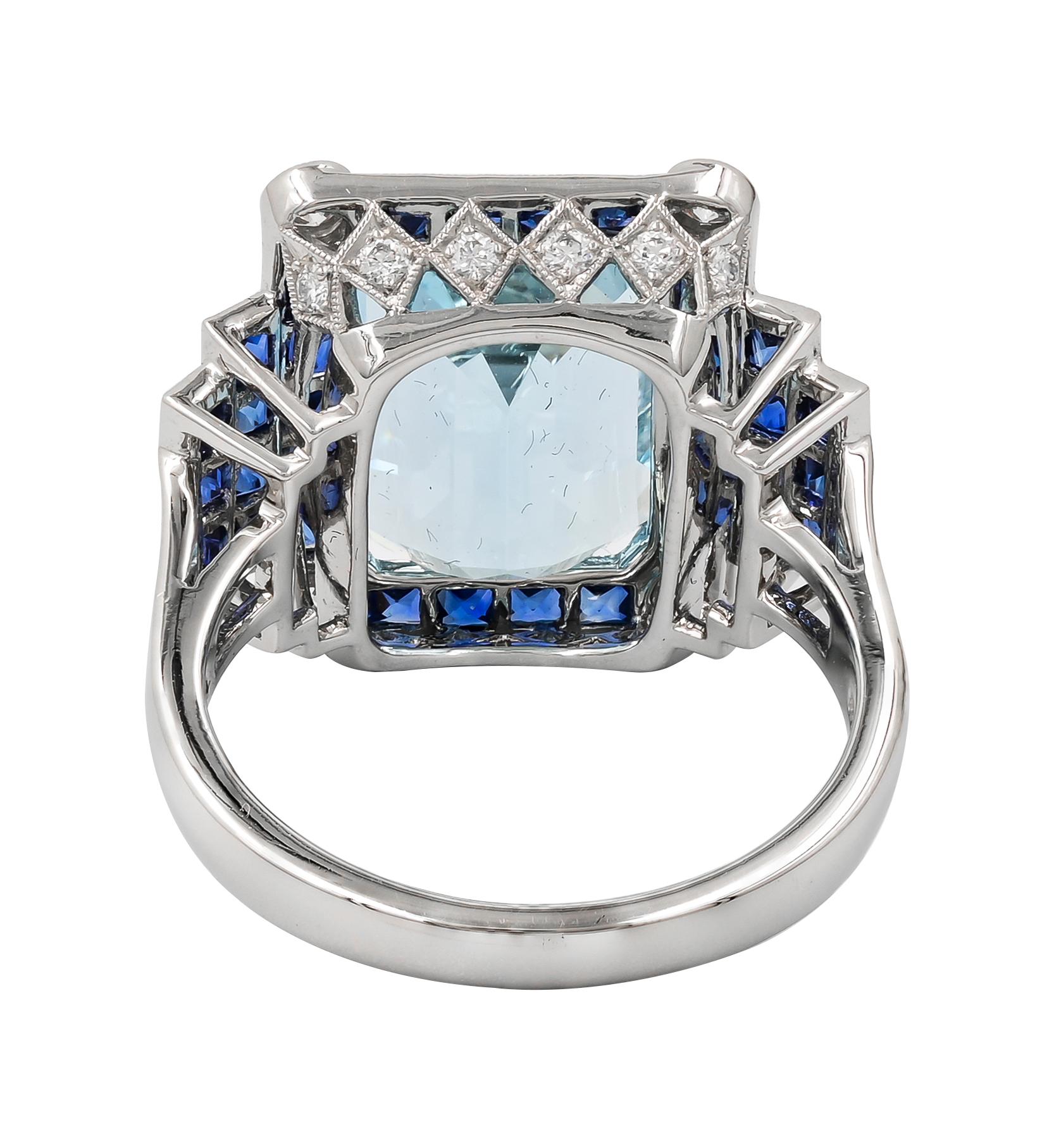 Sophia D. 5.46 Carat Aquamarine with Blue Sapphires and Diamonds Art Deco Ring In New Condition For Sale In New York, NY
