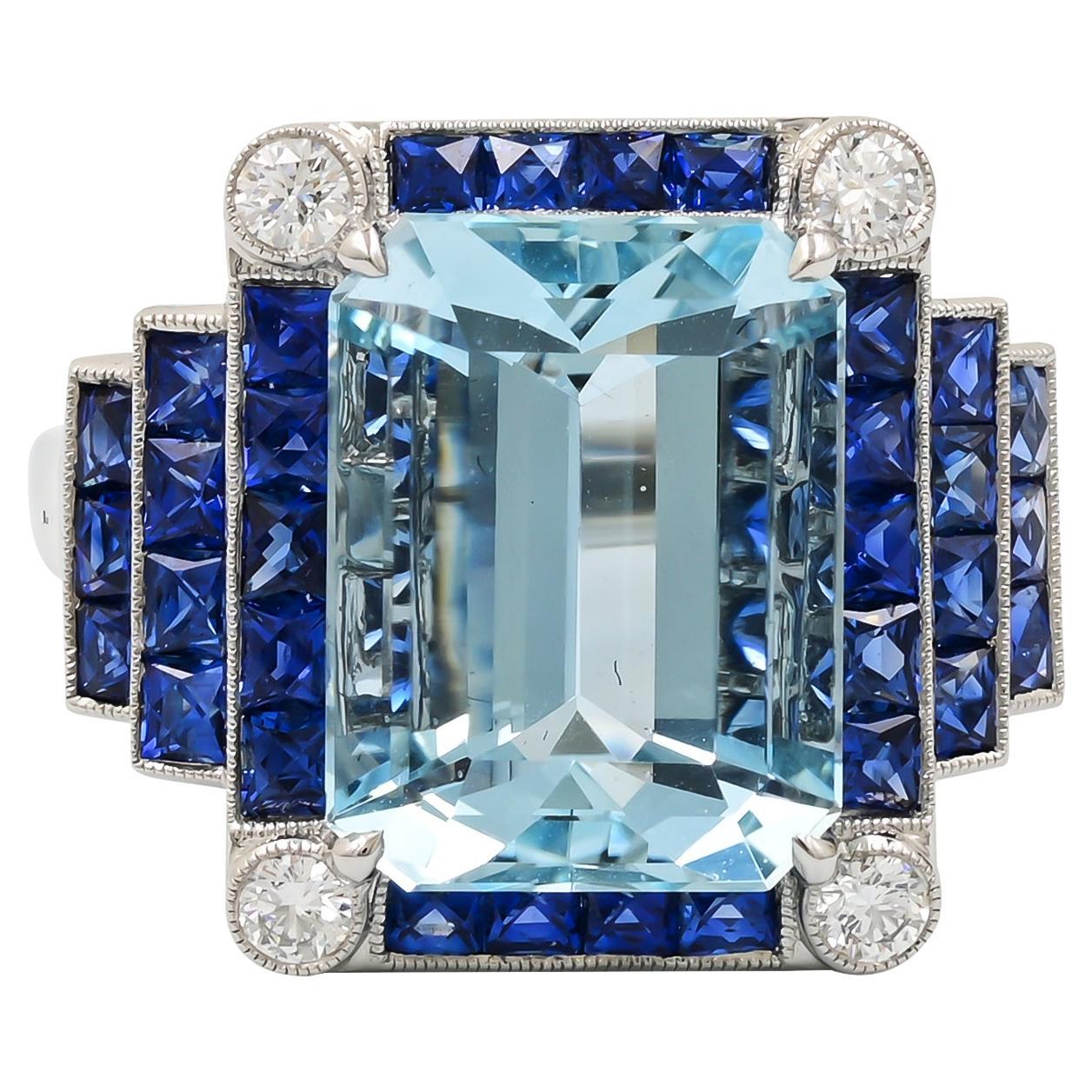 Sophia D. 5.46 Carat Aquamarine with Blue Sapphires and Diamonds Art Deco Ring For Sale