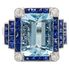 Sophia D. 5.46 Carat Aquamarine with Blue Sapphires and Diamonds Art Deco Ring