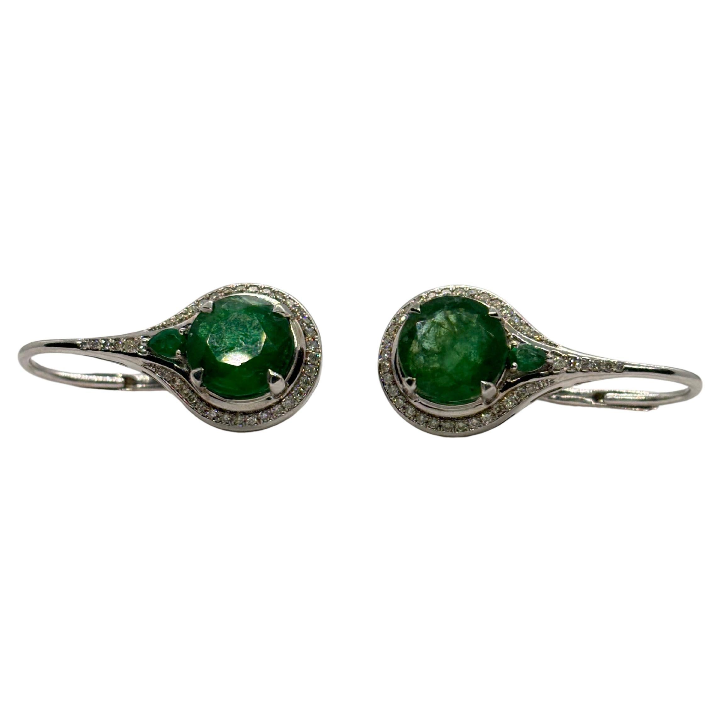 Art Deco 5.40 Carats Natural Emerald and Diamond Oblate Earrings For Sale