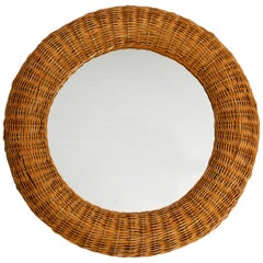 Beautiful 60s Italian Round Wall Mirror with a Wide Wickerwork and Bamboo Frame