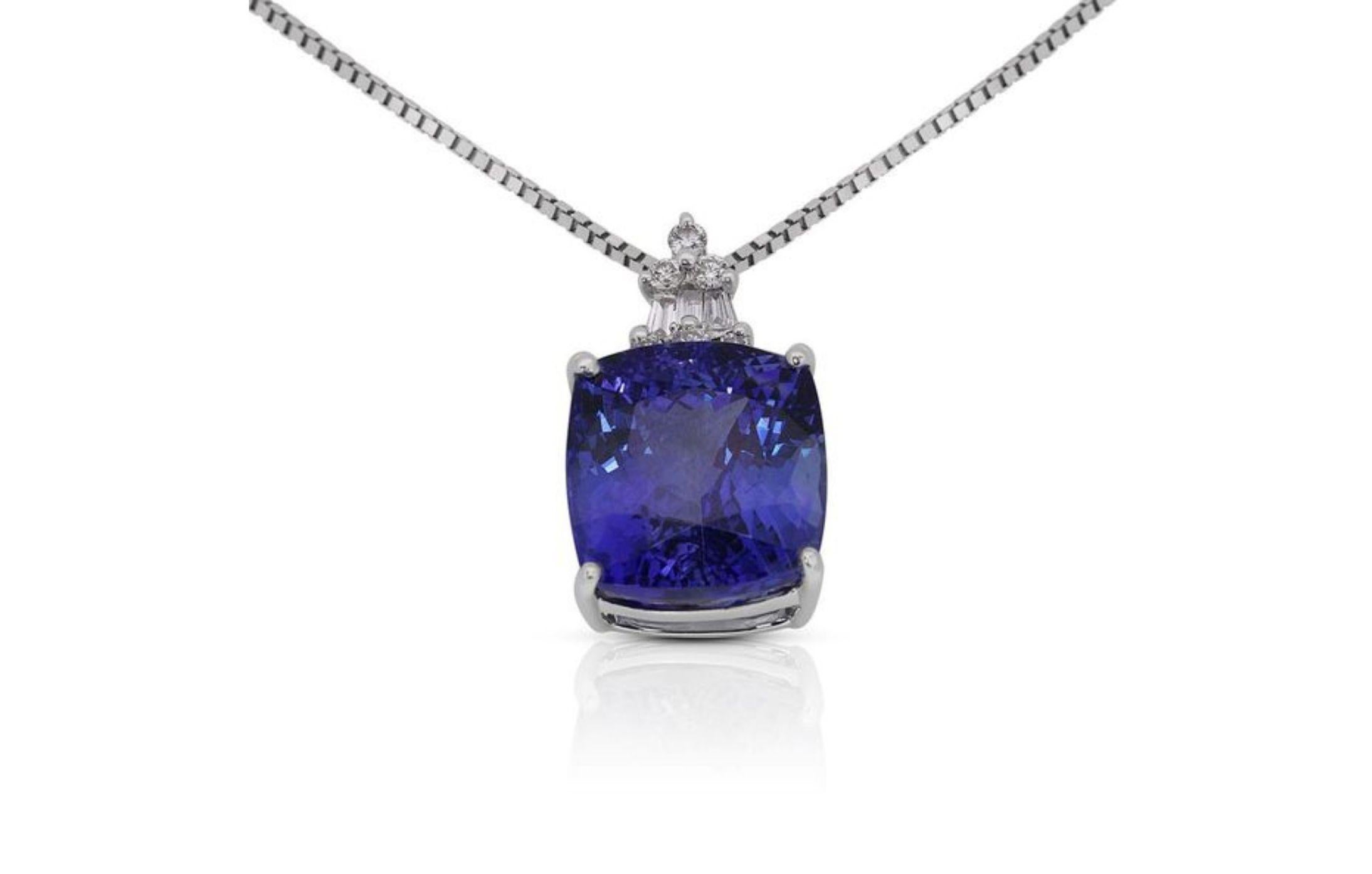 At the heart of the necklace is a stunning 6.42-carat tanzanite, known for its captivating violet-blue hues. The size of the gemstone ensures a striking presence, making it a true centerpiece that evokes both elegance and sophistication. The