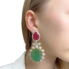Beautiful 72.60ct Diamonds, Emeralds, and Rubies Drop Earrings