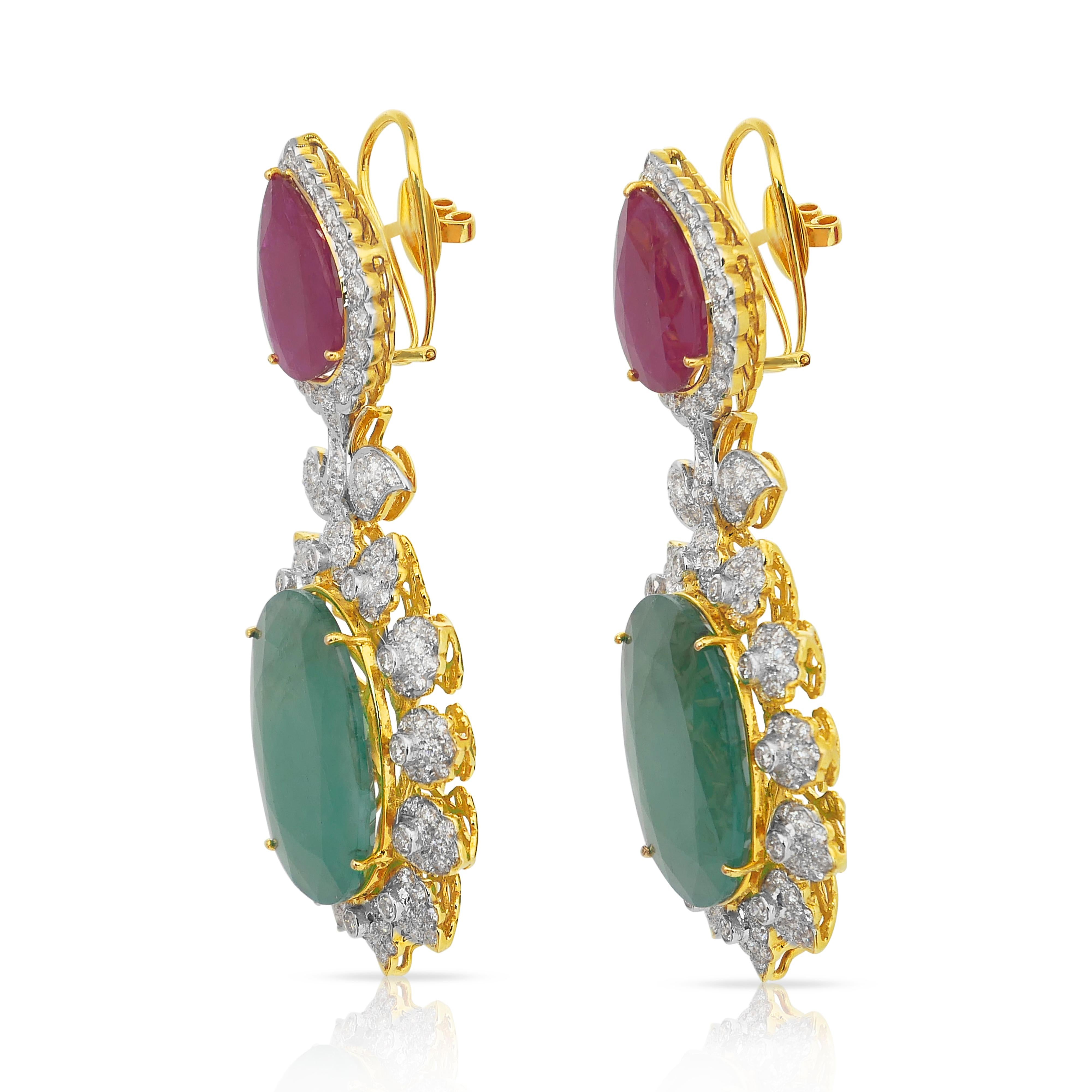 Women's Beautiful 72.60ct Diamonds, Emeralds, and Rubies Drop Earrings For Sale