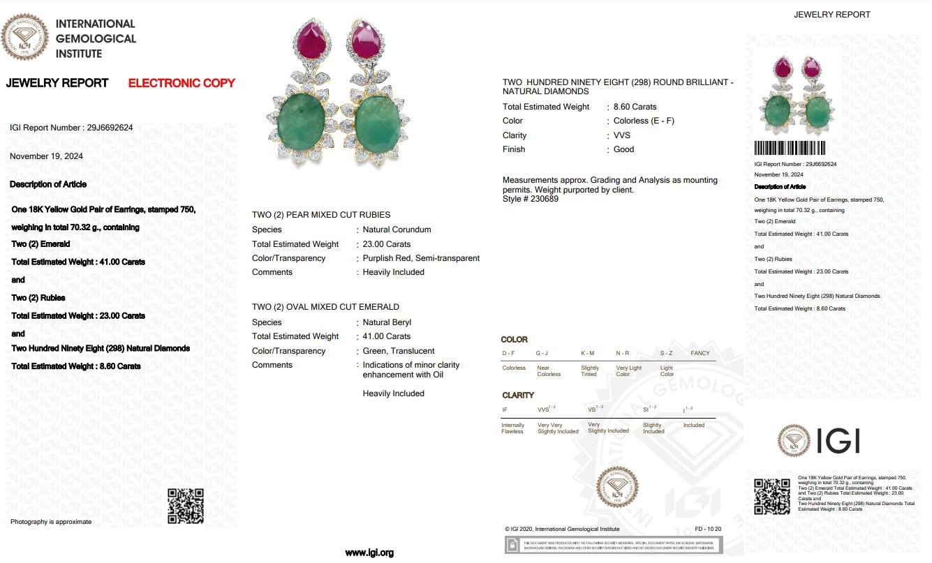 Beautiful 72.60ct Diamonds, Emeralds, and Rubies Drop Earrings For Sale 1