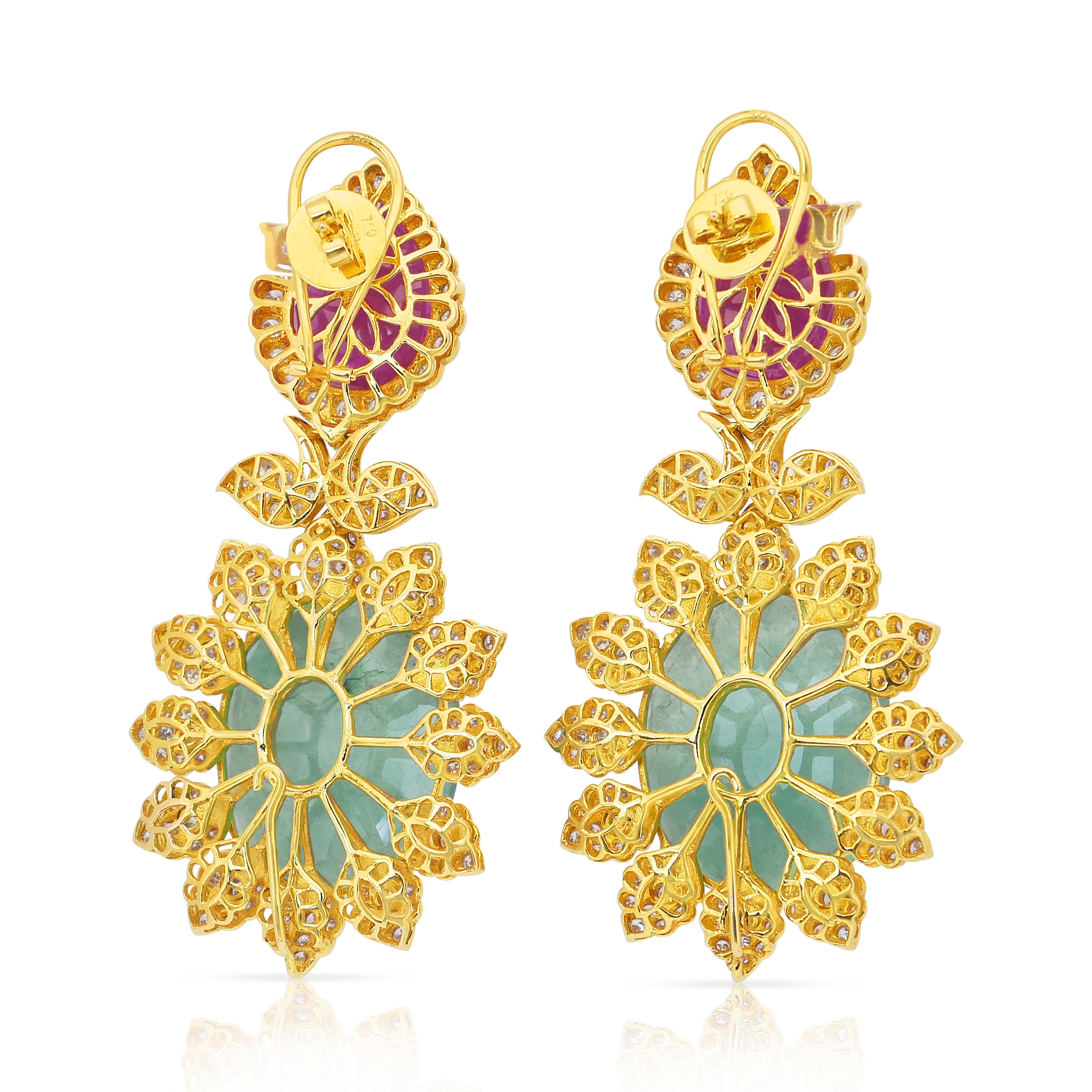 Beautiful 72.60ct Diamonds, Emeralds, and Rubies Drop Earrings For Sale 2