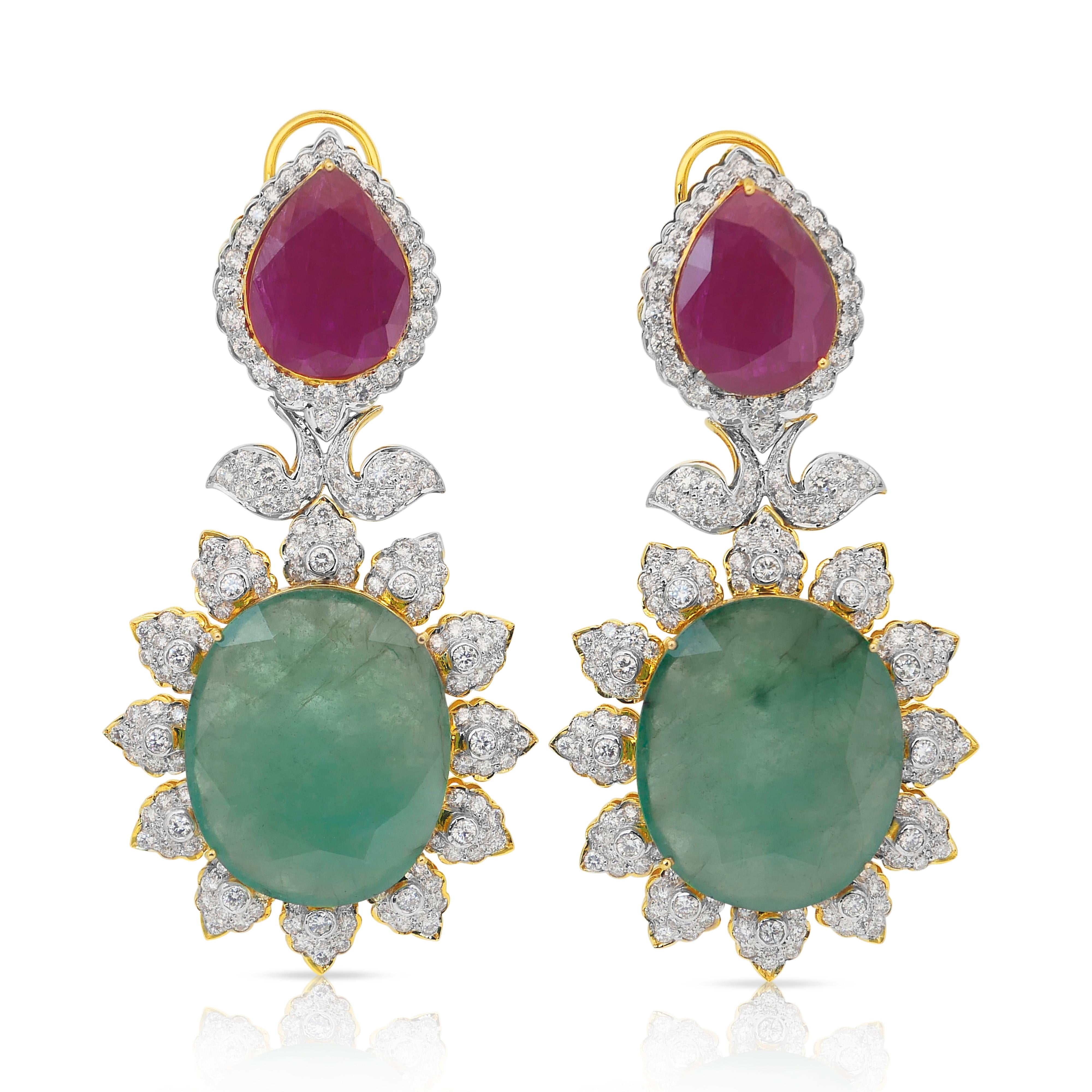 Beautiful 72.60ct Diamonds, Emeralds, and Rubies Drop Earrings For Sale 4