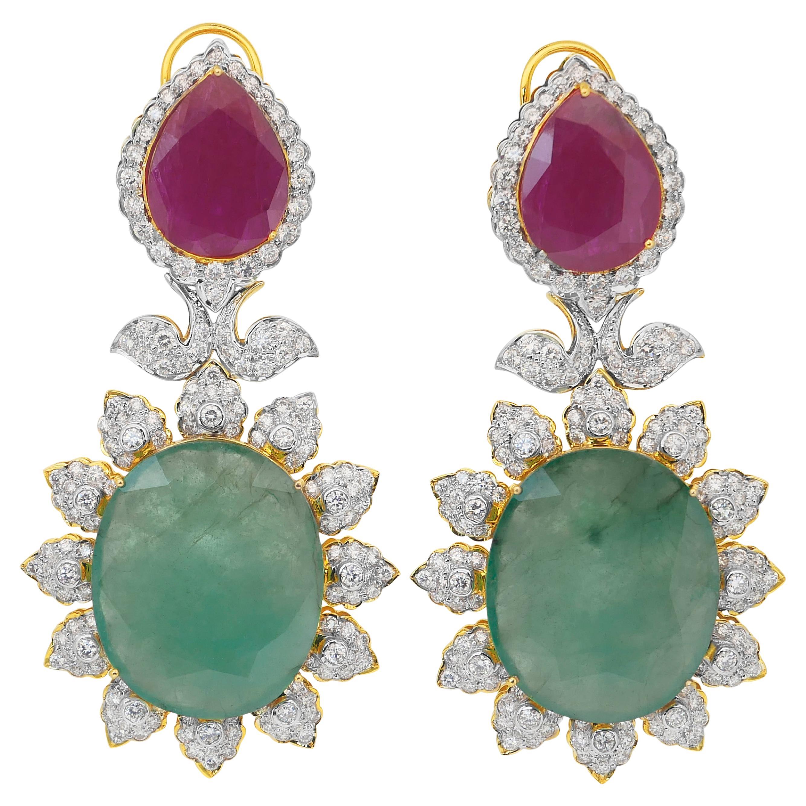 Beautiful 72.60ct Diamonds, Emeralds, and Rubies Drop Earrings For Sale