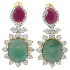Beautiful 72.60ct Diamonds, Emeralds, and Rubies Drop Earrings