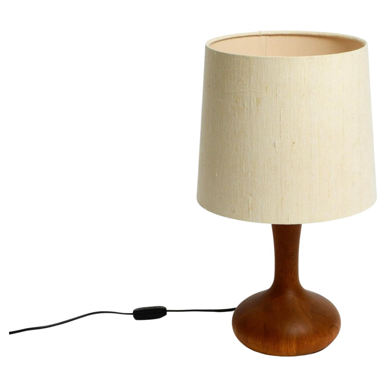 Beautiful 80s Domus Teak Table Lamp with Original Wild Silk Fabric Shade For Sale