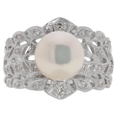 Beautiful 8.55mm Akoya Pearl with Natural Diamond Ring in 18K White Gold