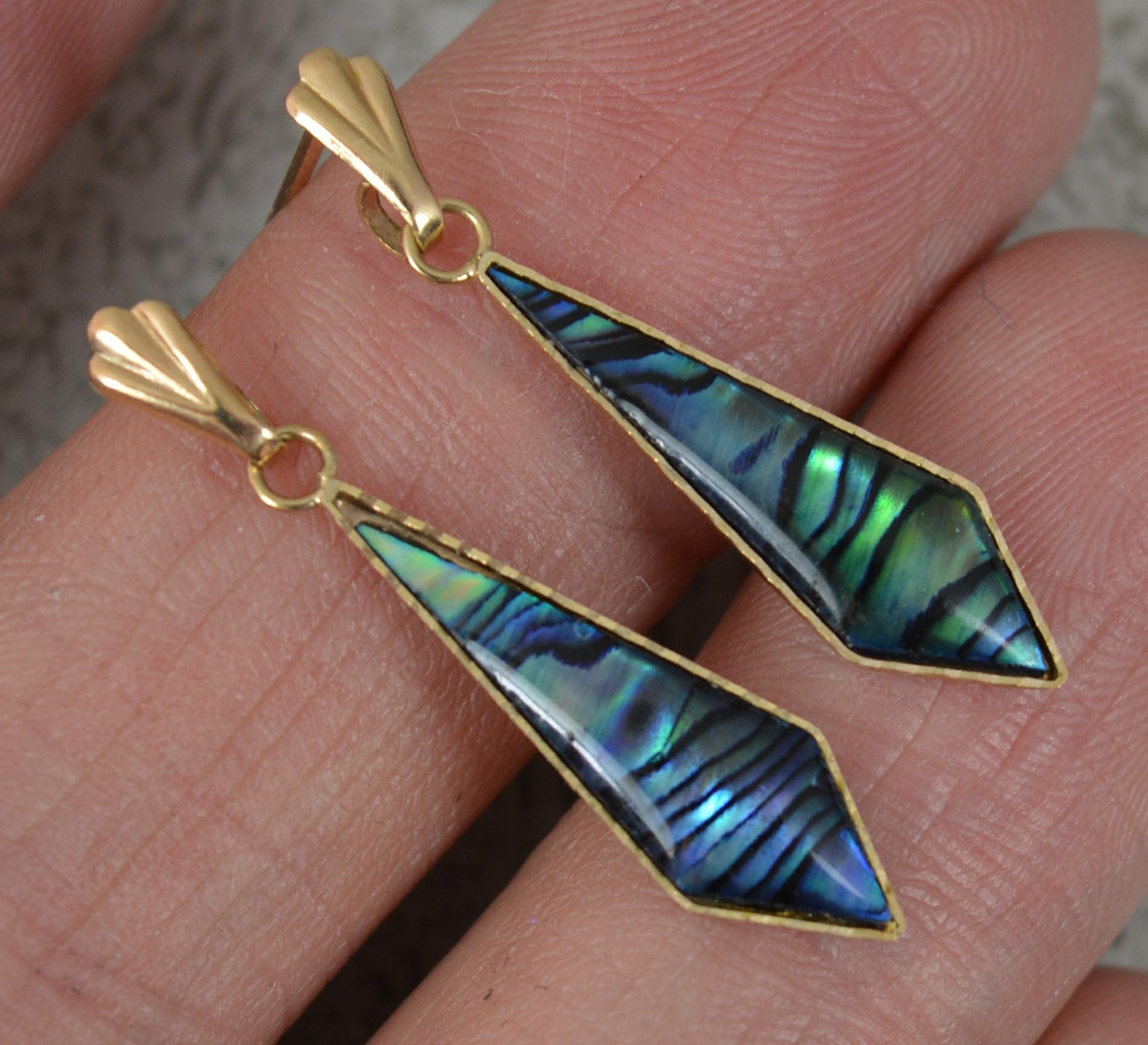 Art Deco Beautiful 9 Carat Gold and Abalone Shell Kite Shaped Drop Dangle Earrings For Sale